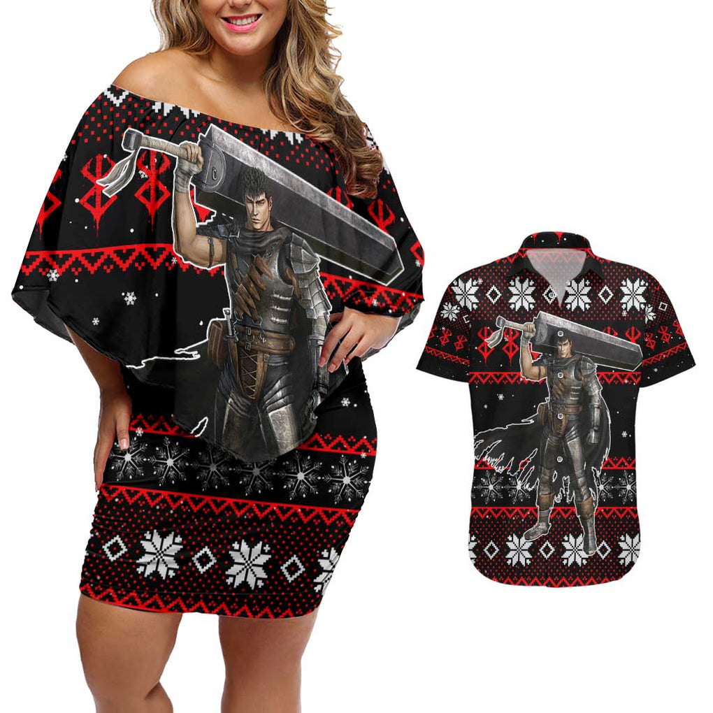 Guts - Berserk Couples Matching Off Shoulder Short Dress and Hawaiian Shirt Anime Mix Christmas Style