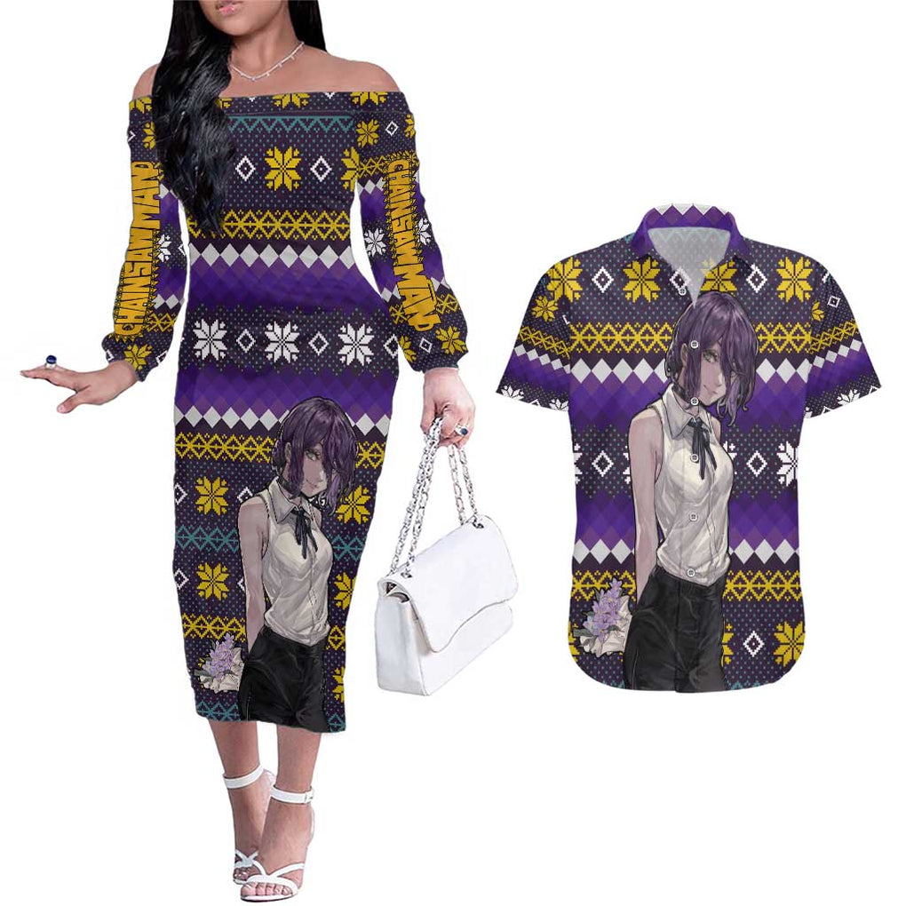 Zere - Chainsaw Man Couples Matching Off The Shoulder Long Sleeve Dress and Hawaiian Shirt Anime Mix Christmas Style