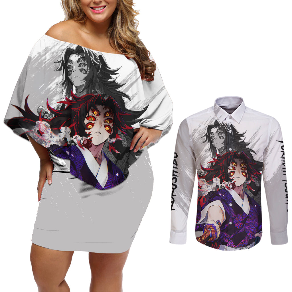 Kokushibo and Yoriichi Tsugikuni Couples Matching Off Shoulder Short Dress and Long Sleeve Button Shirt