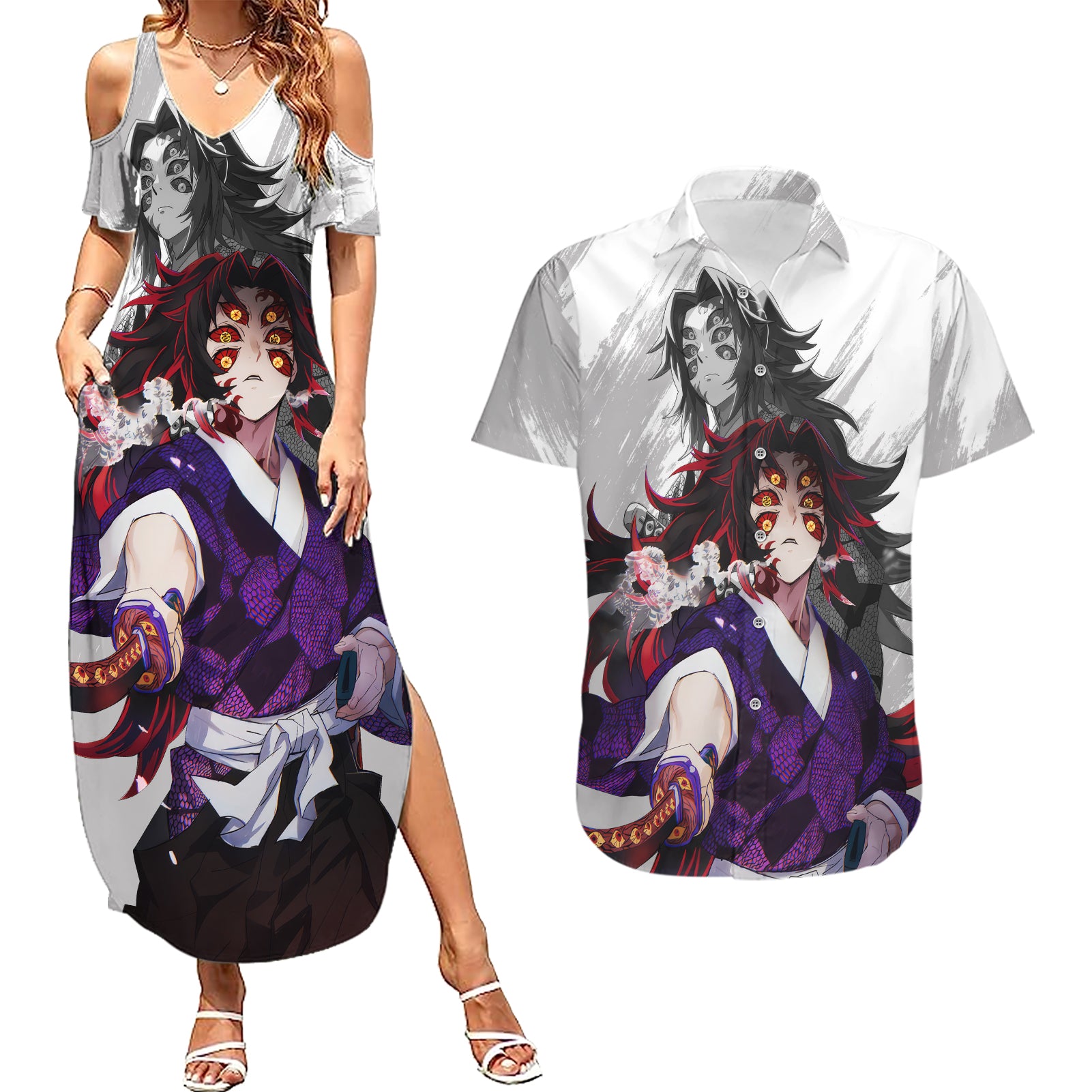 Kokushibo and Yoriichi Tsugikuni Couples Matching Summer Maxi Dress and Hawaiian Shirt