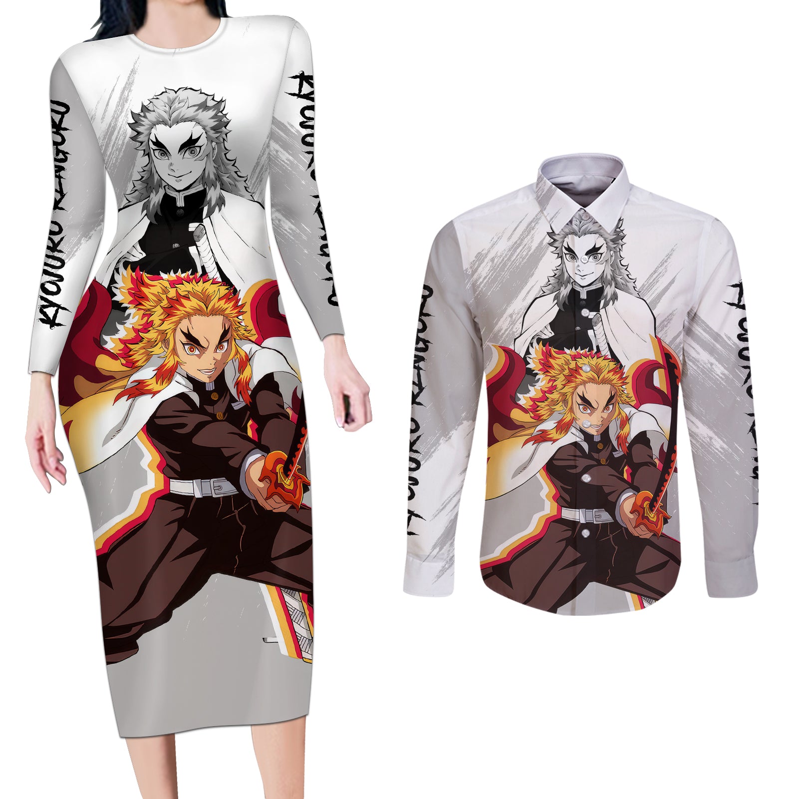 Kyojuro Rengoku Couples Matching Long Sleeve Bodycon Dress and Long Sleeve Button Shirt