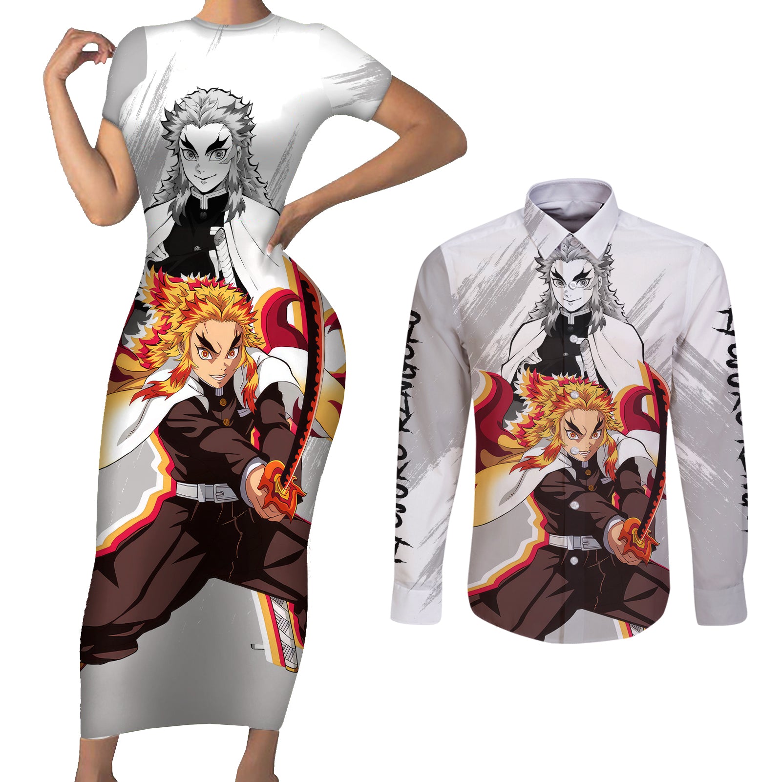 Kyojuro Rengoku Couples Matching Short Sleeve Bodycon Dress and Long Sleeve Button Shirt