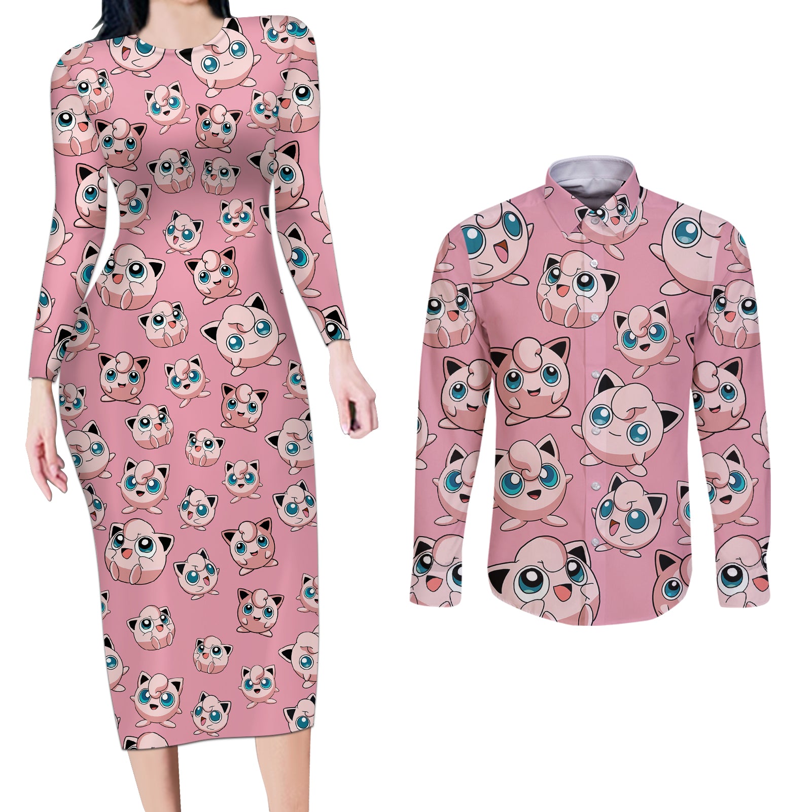 Jigglypuff - Pattern Style Couples Matching Long Sleeve Bodycon Dress and Long Sleeve Button Shirt