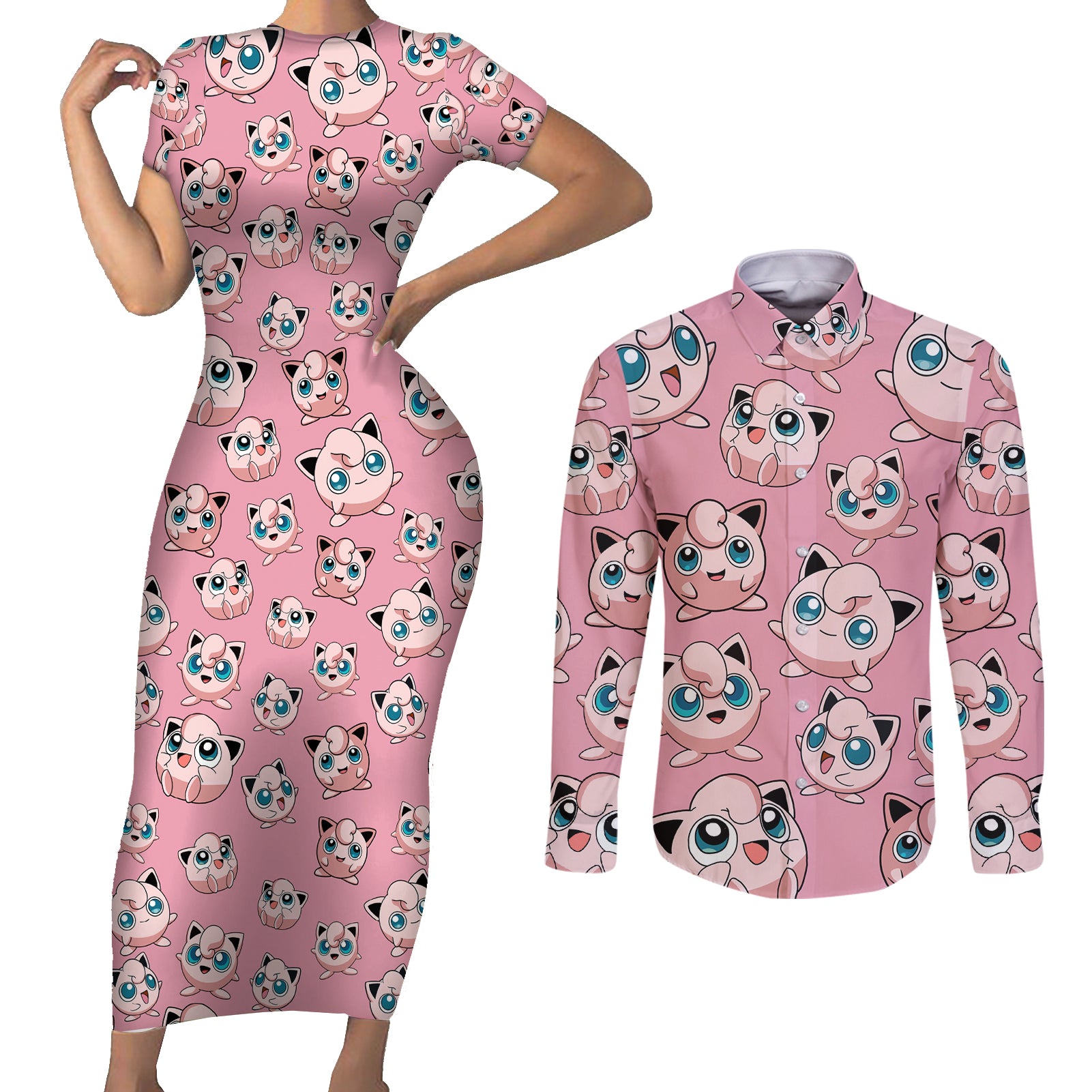 Jigglypuff - Pattern Style Couples Matching Short Sleeve Bodycon Dress and Long Sleeve Button Shirt