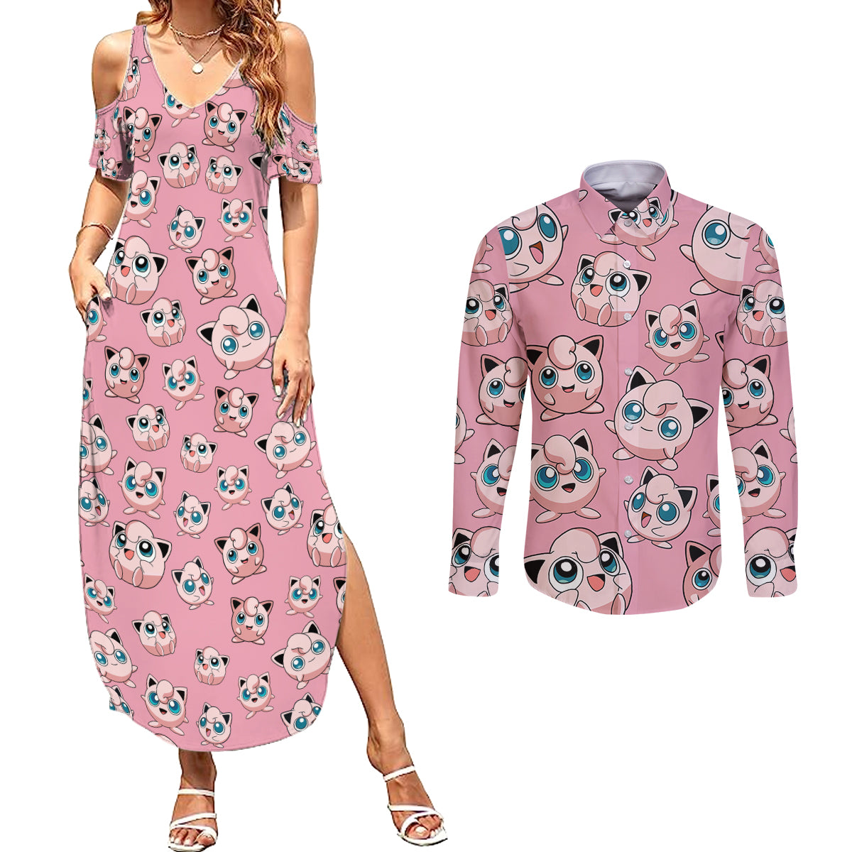 Jigglypuff - Pattern Style Couples Matching Summer Maxi Dress and Long Sleeve Button Shirt