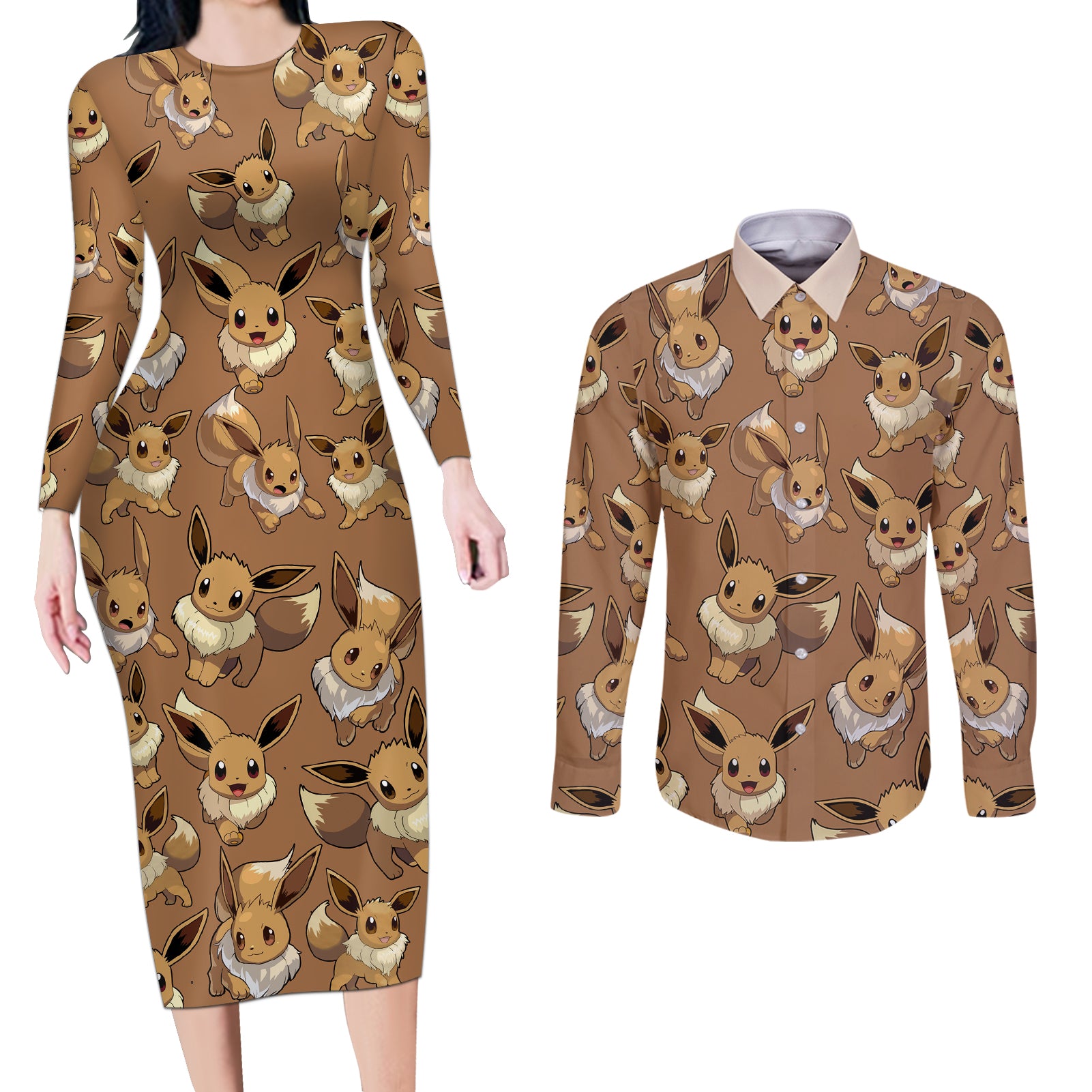 Eevee Pattern Style Couples Matching Long Sleeve Bodycon Dress and Long Sleeve Button Shirt