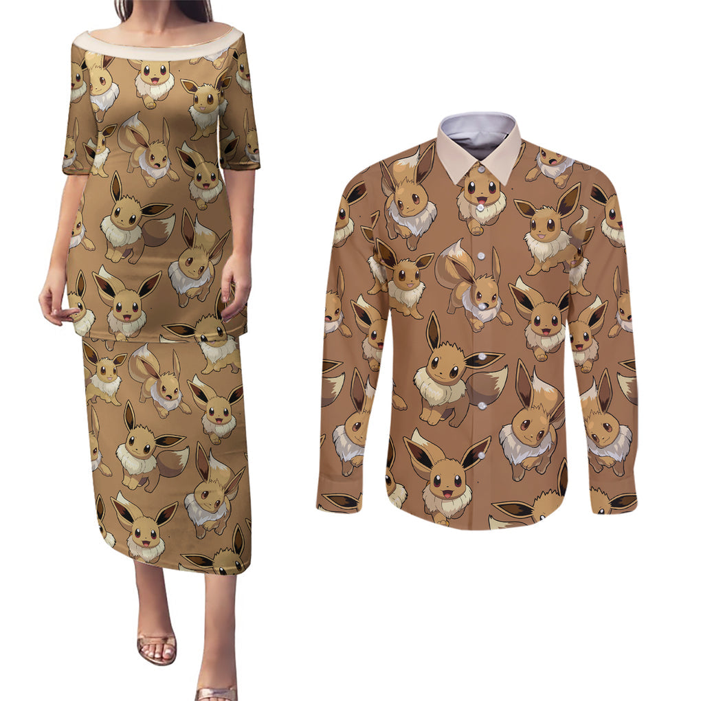 Eevee Pattern Style Couples Matching Puletasi and Long Sleeve Button Shirt