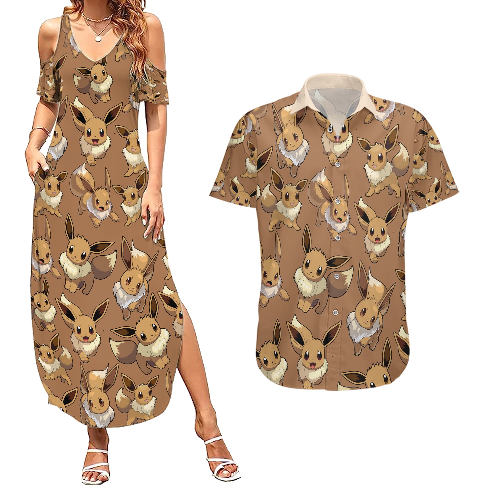 Eevee Pattern Style Couples Matching Summer Maxi Dress and Hawaiian Shirt