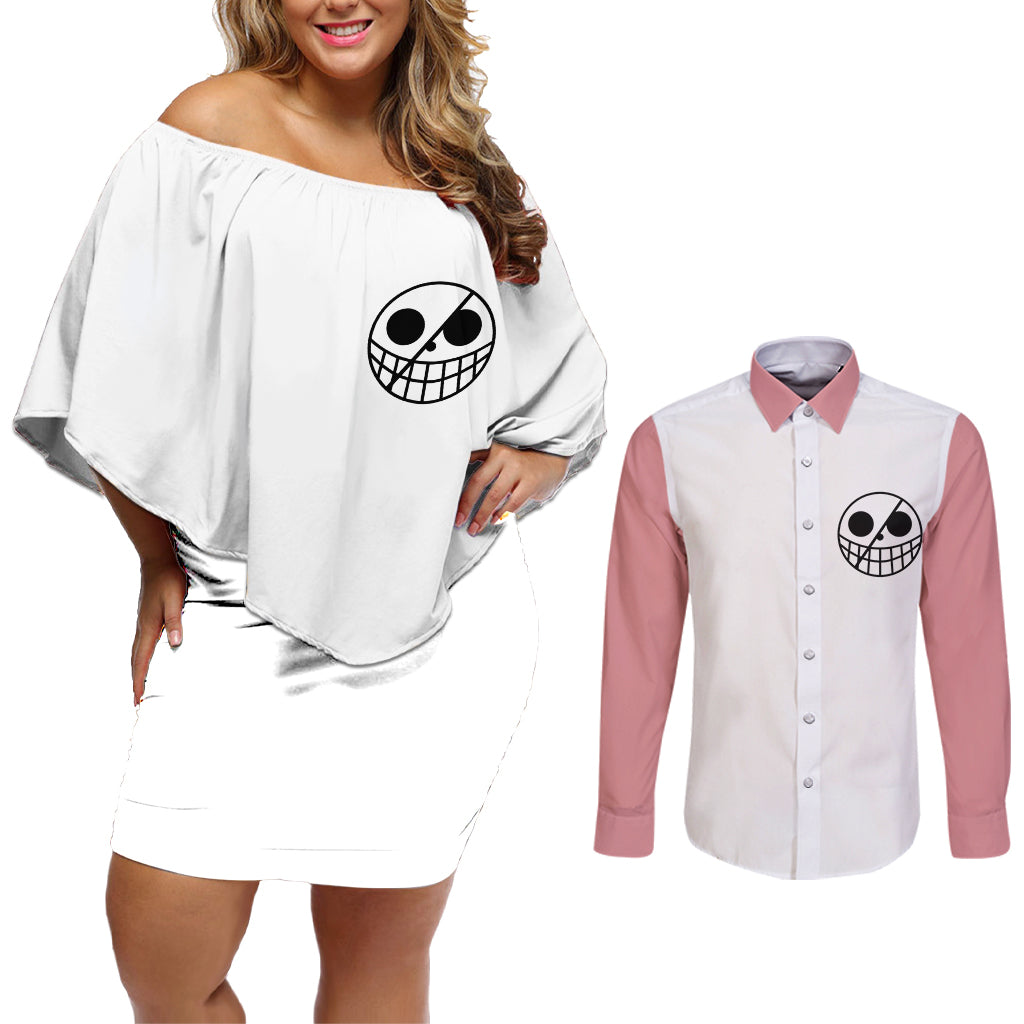 Donquixote Doflamingo - One Piece Anime Couples Matching Off Shoulder Short Dress and Long Sleeve Button Shirt