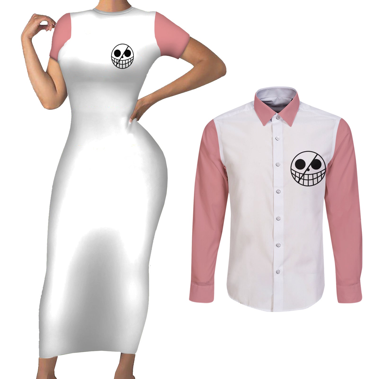 Donquixote Doflamingo - One Piece Anime Couples Matching Short Sleeve Bodycon Dress and Long Sleeve Button Shirt