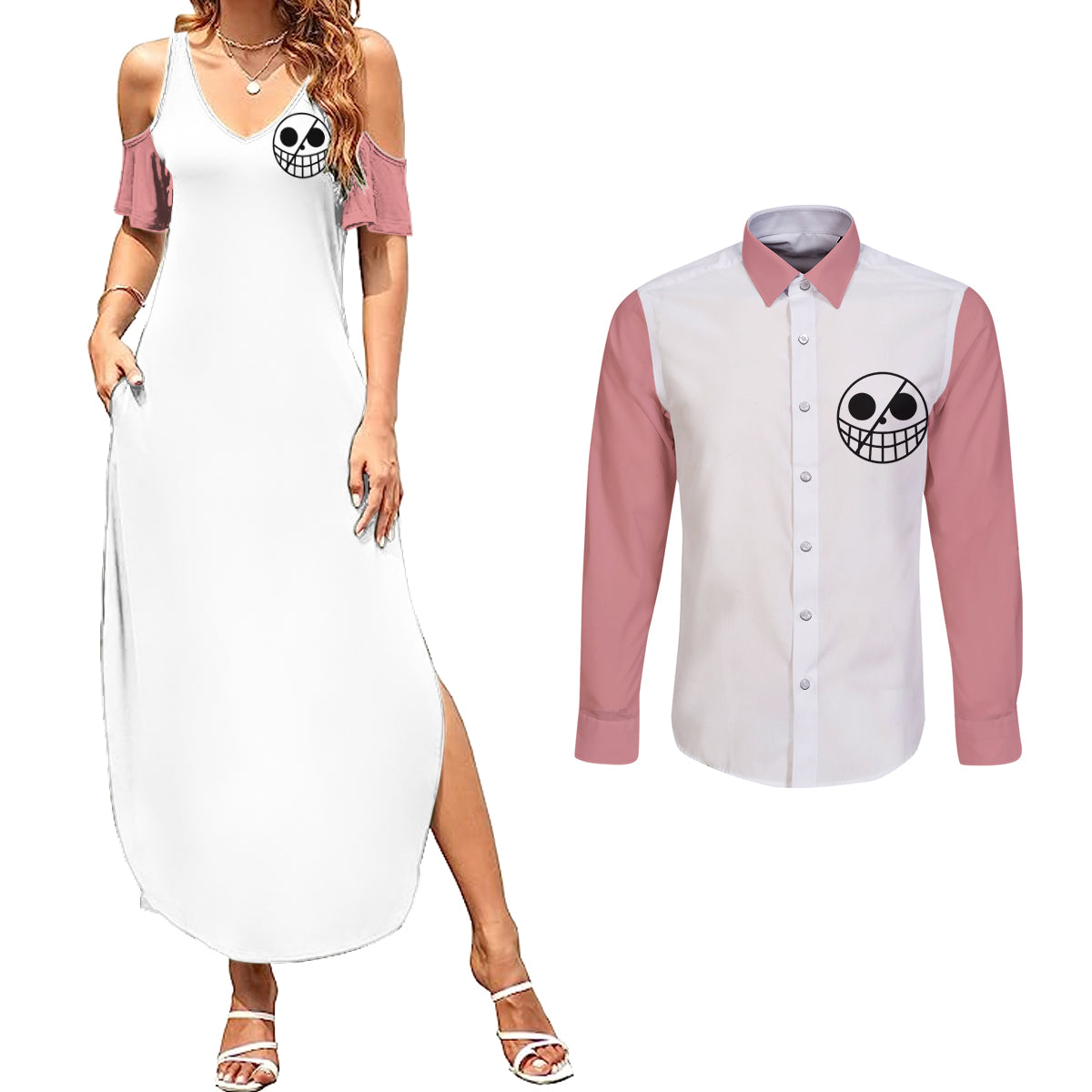 Donquixote Doflamingo - One Piece Anime Couples Matching Summer Maxi Dress and Long Sleeve Button Shirt