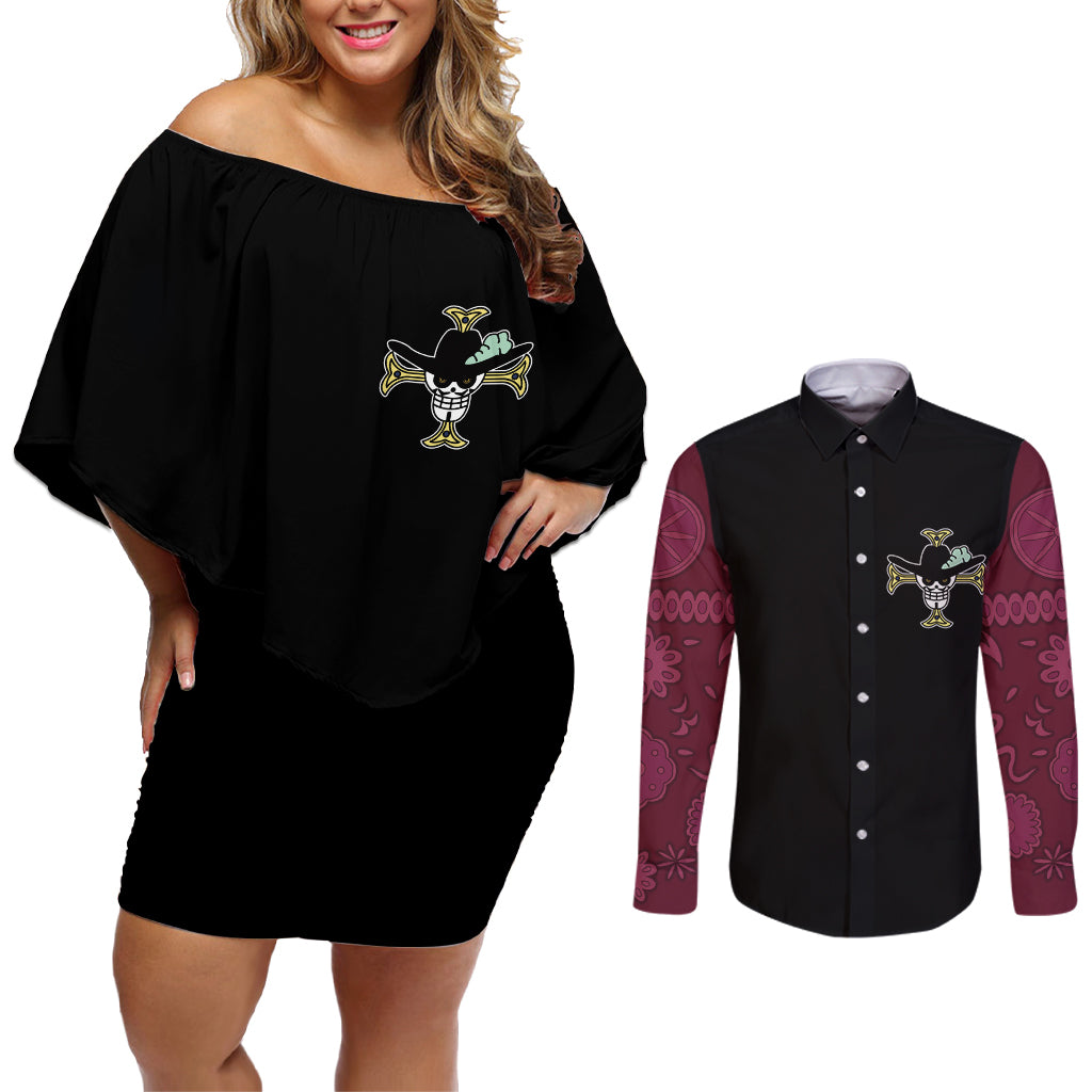 Dracule Mihawk - One Piece Anime Couples Matching Off Shoulder Short Dress and Long Sleeve Button Shirt