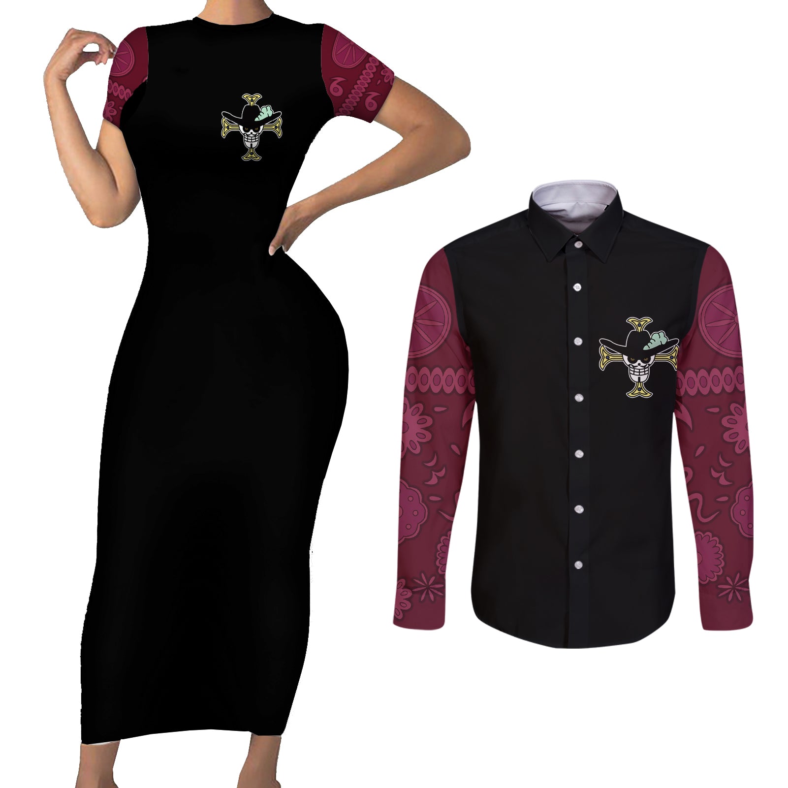 Dracule Mihawk - One Piece Anime Couples Matching Short Sleeve Bodycon Dress and Long Sleeve Button Shirt