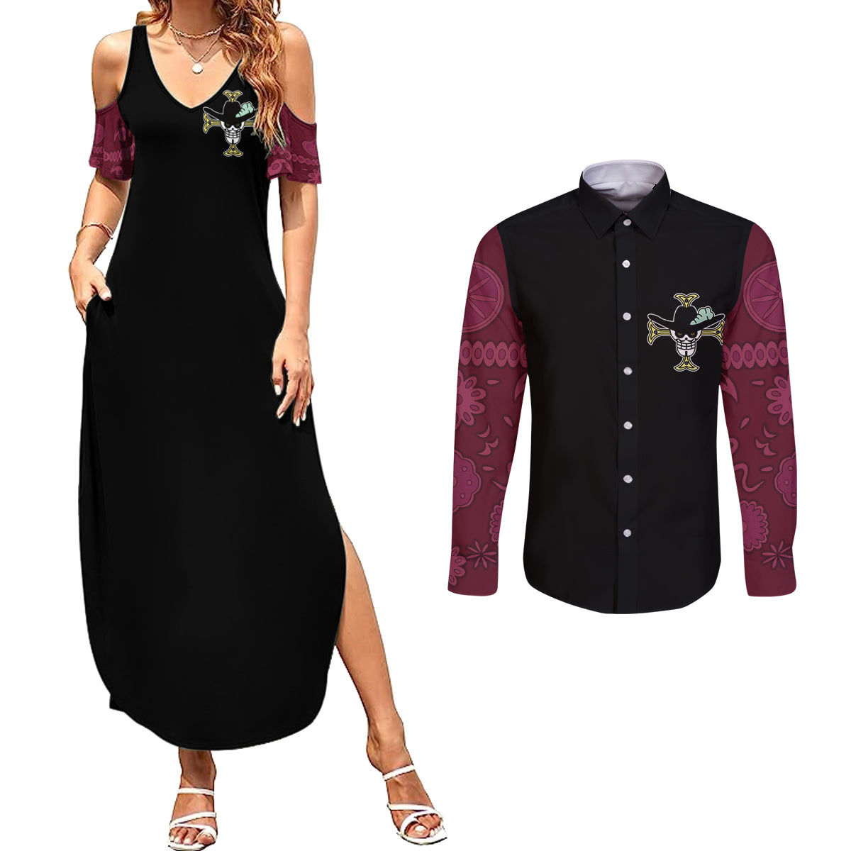 Dracule Mihawk - One Piece Anime Couples Matching Summer Maxi Dress and Long Sleeve Button Shirt