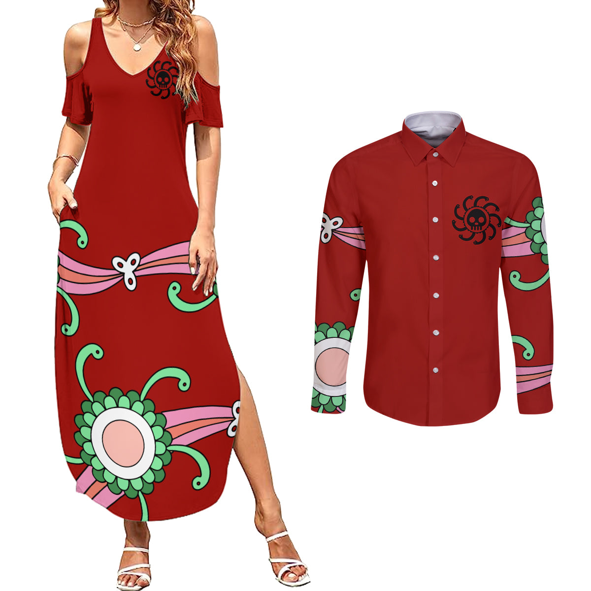 Boa Hancock - One Piece Anime Couples Matching Summer Maxi Dress and Long Sleeve Button Shirt