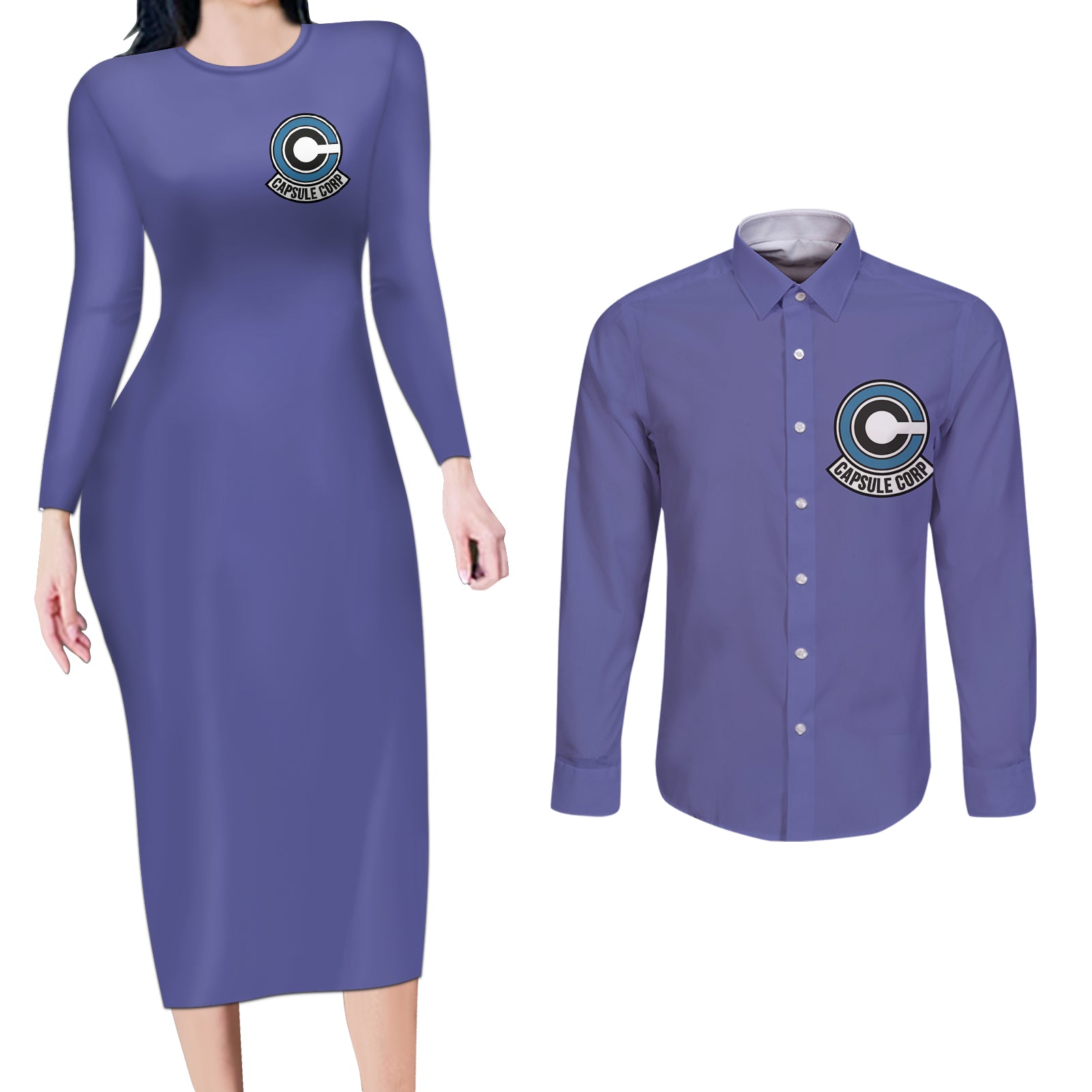 Capsule Corp - Dragon Ball Anime Couples Matching Long Sleeve Bodycon Dress and Long Sleeve Button Shirt