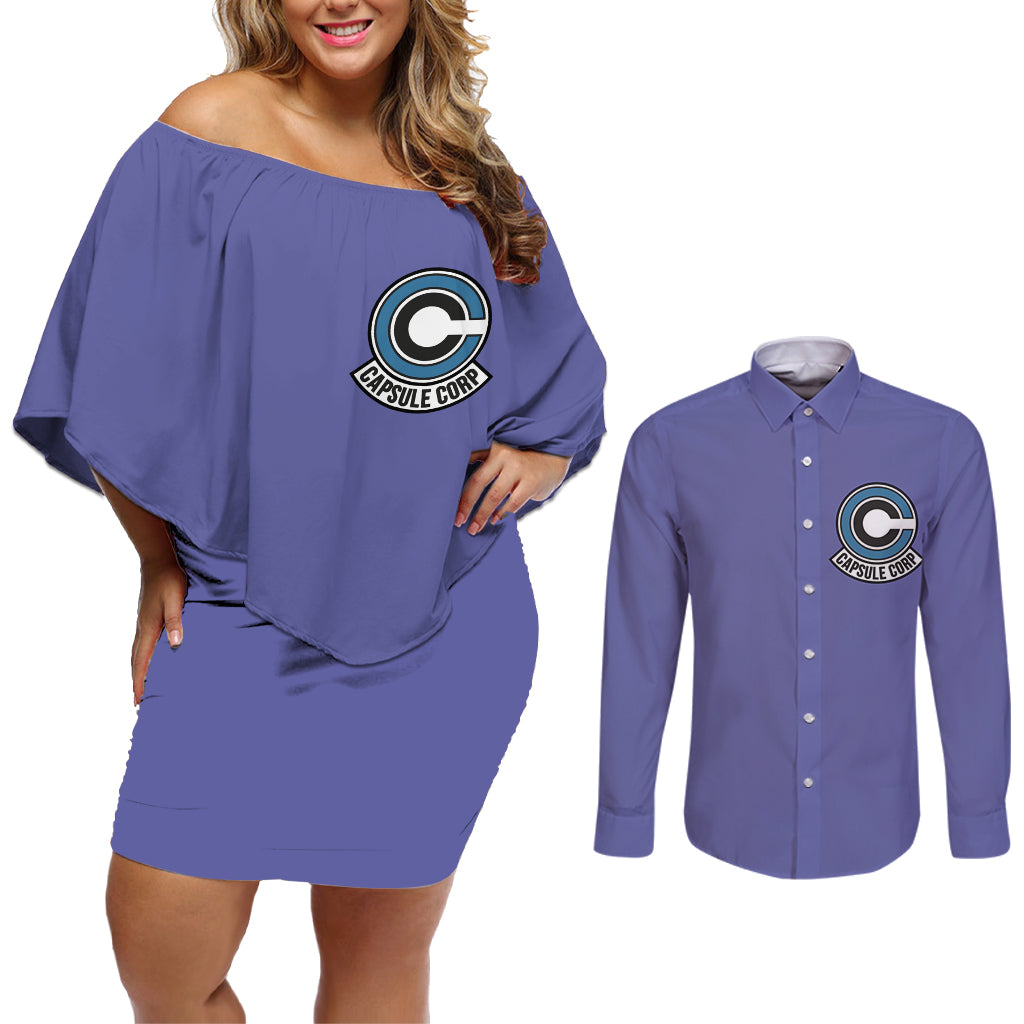 Capsule Corp - Dragon Ball Anime Couples Matching Off Shoulder Short Dress and Long Sleeve Button Shirt