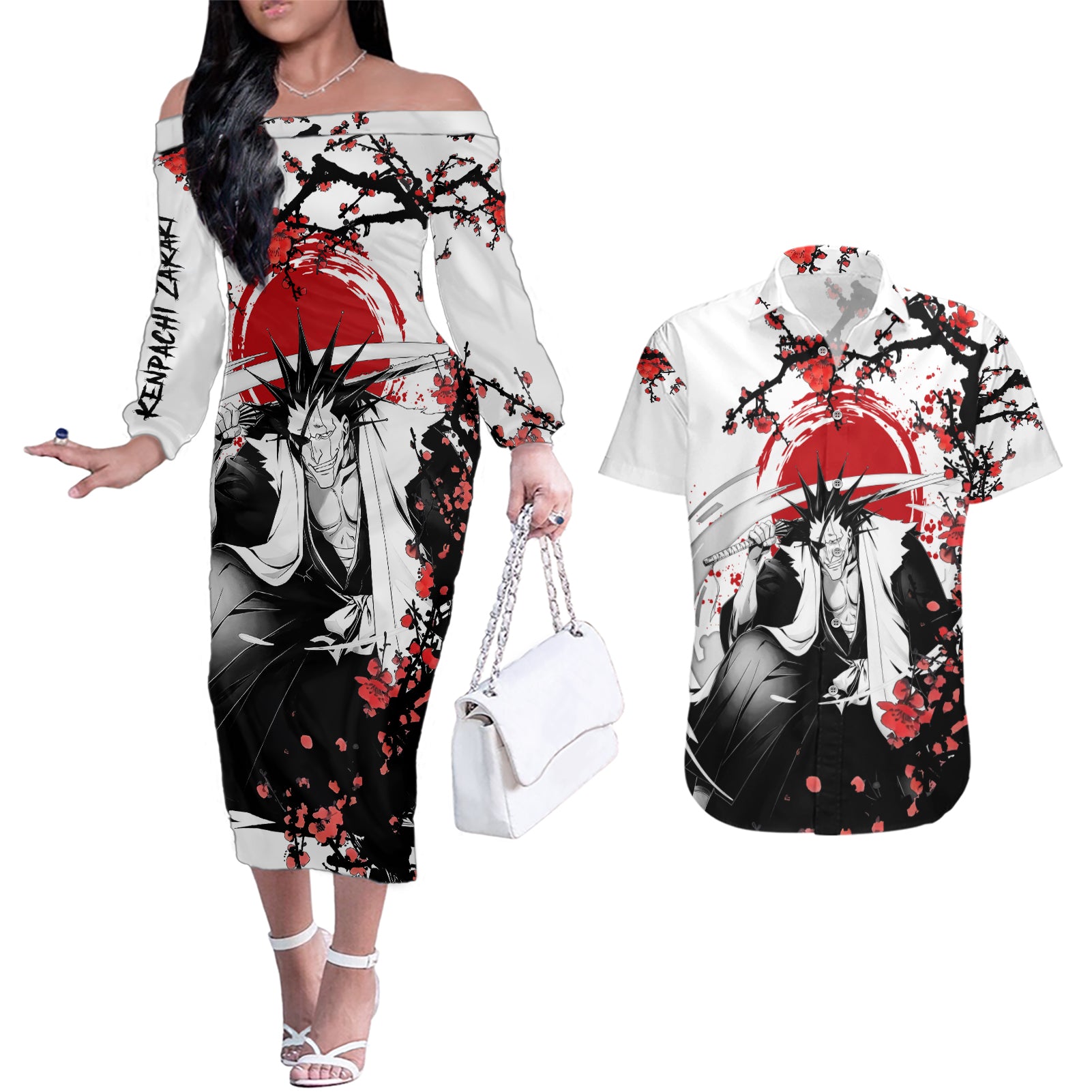 Kenpachi Zaraki Couples Matching Off The Shoulder Long Sleeve Dress and Hawaiian Shirt Anime Japan Style