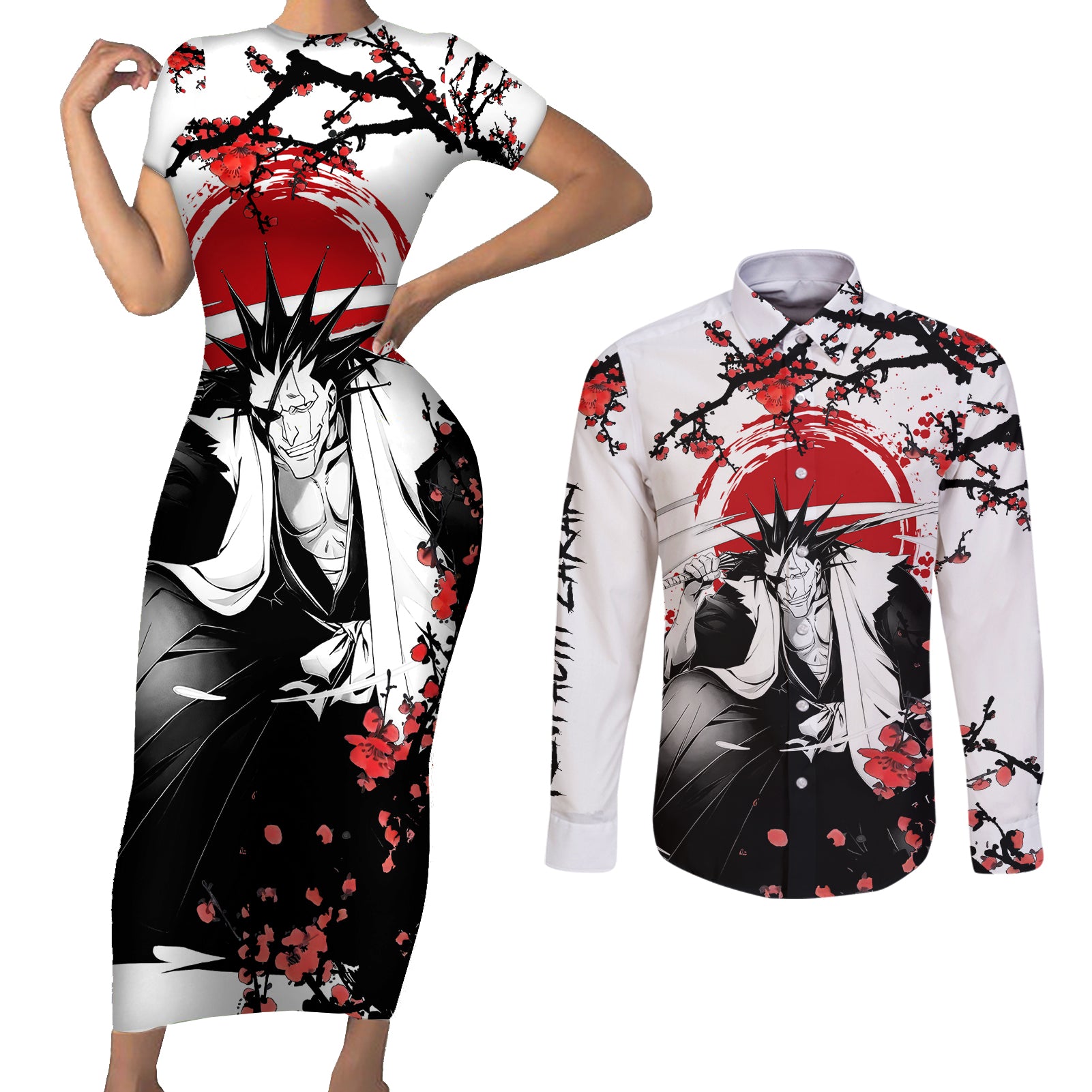 Kenpachi Zaraki Couples Matching Short Sleeve Bodycon Dress and Long Sleeve Button Shirt Anime Japan Style