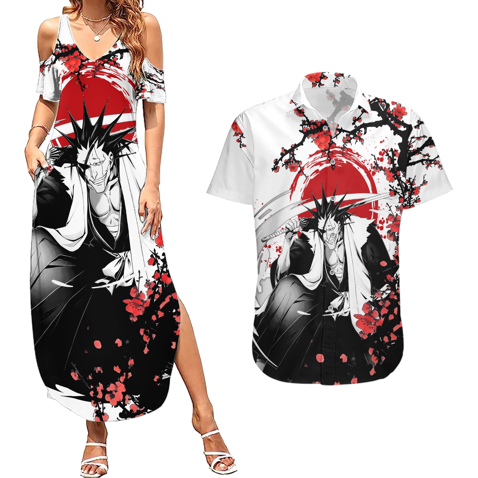 Kenpachi Zaraki Couples Matching Summer Maxi Dress and Hawaiian Shirt Anime Japan Style