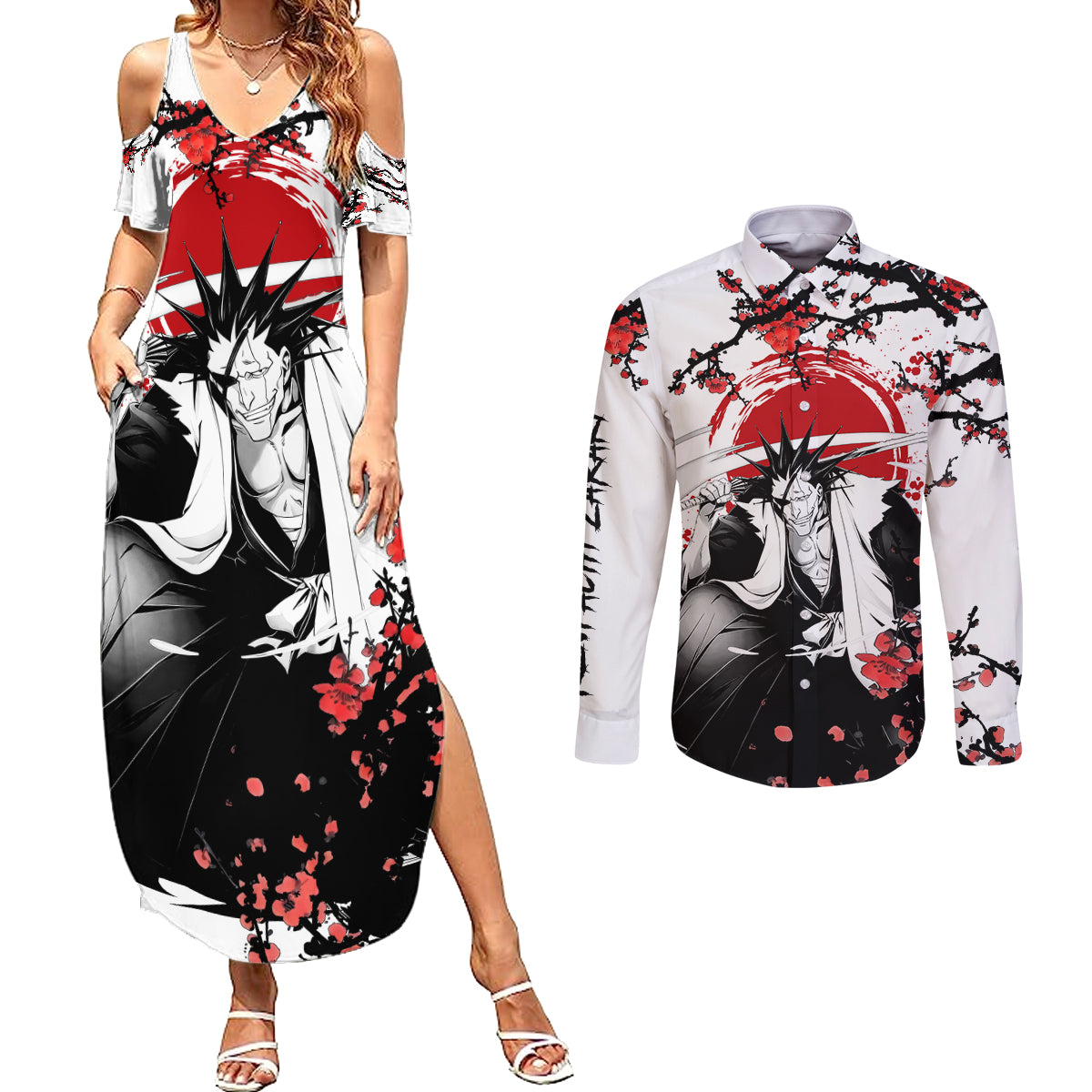 Kenpachi Zaraki Couples Matching Summer Maxi Dress and Long Sleeve Button Shirt Anime Japan Style