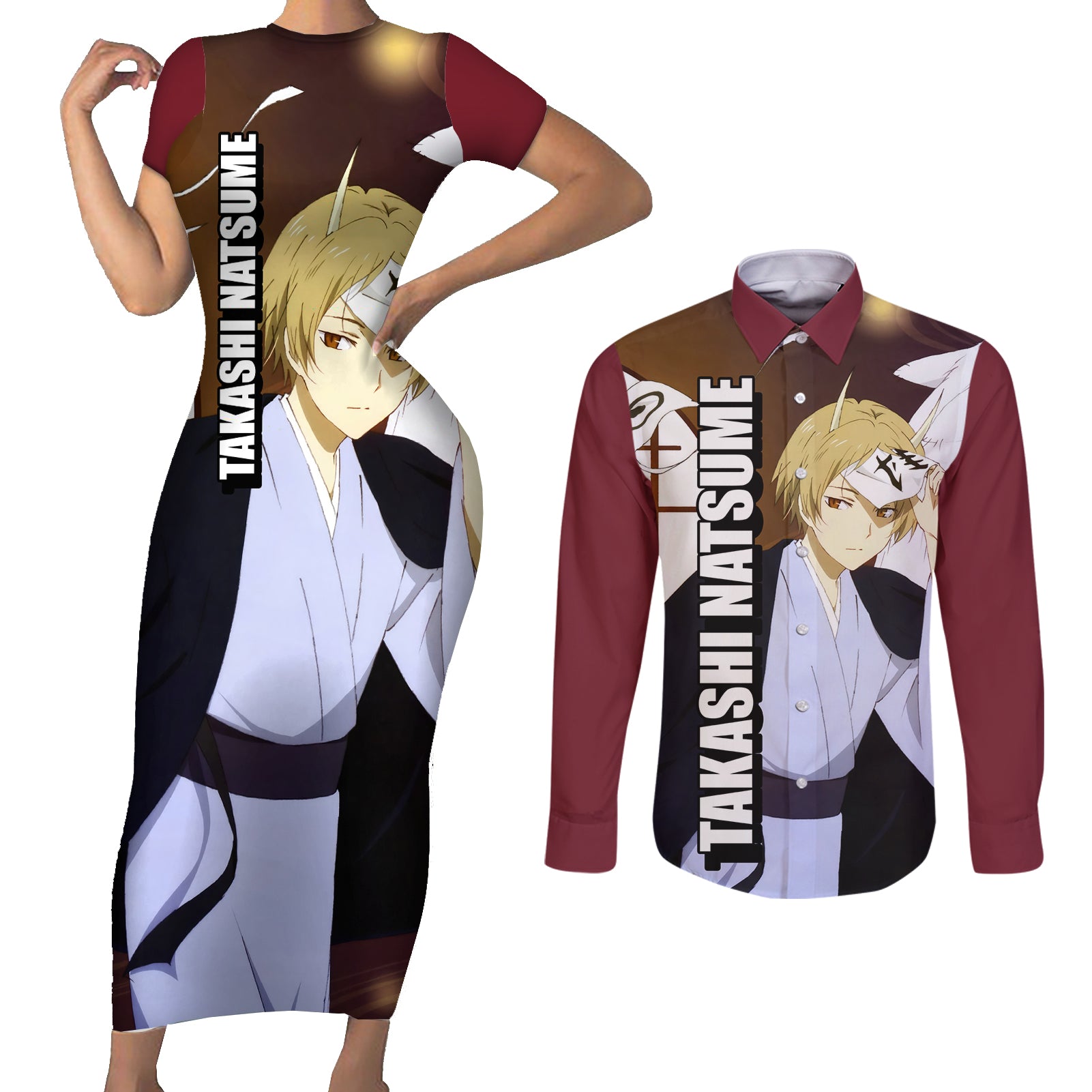 Takashi Natsume Couples Matching Short Sleeve Bodycon Dress and Long Sleeve Button Shirt Natsume Yuujinchou