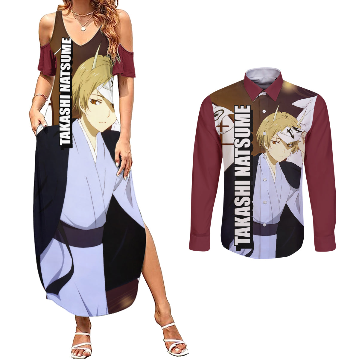 Takashi Natsume Couples Matching Summer Maxi Dress and Long Sleeve Button Shirt Natsume Yuujinchou