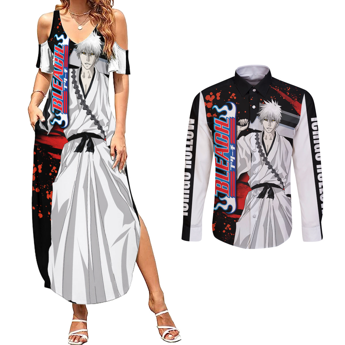 Ichigo Hollow Couples Matching Summer Maxi Dress and Long Sleeve Button Shirt Bleach