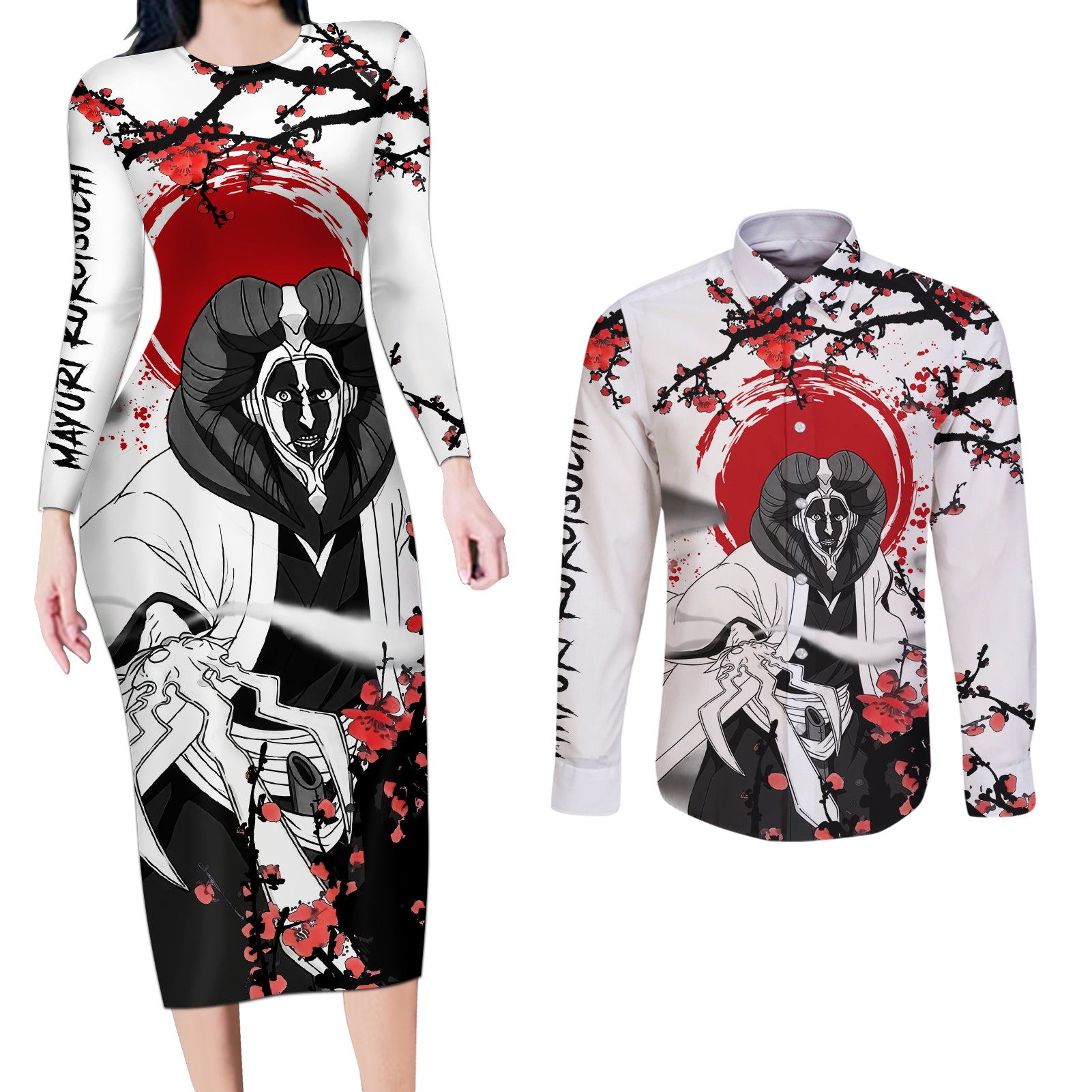 Mayuri Kurotsuchi Couples Matching Long Sleeve Bodycon Dress and Long Sleeve Button Shirt Anime Japan Style