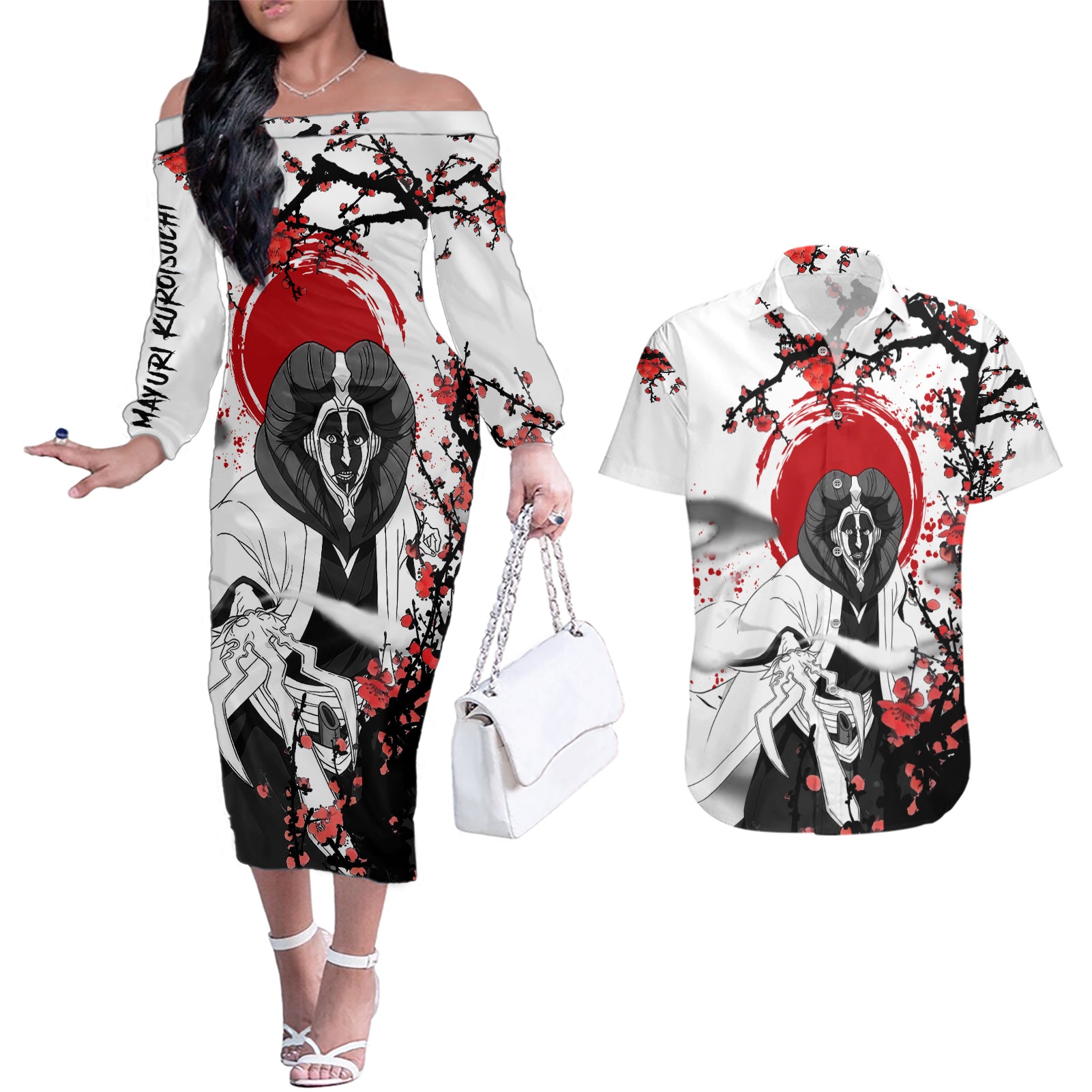 Mayuri Kurotsuchi Couples Matching Off The Shoulder Long Sleeve Dress and Hawaiian Shirt Anime Japan Style