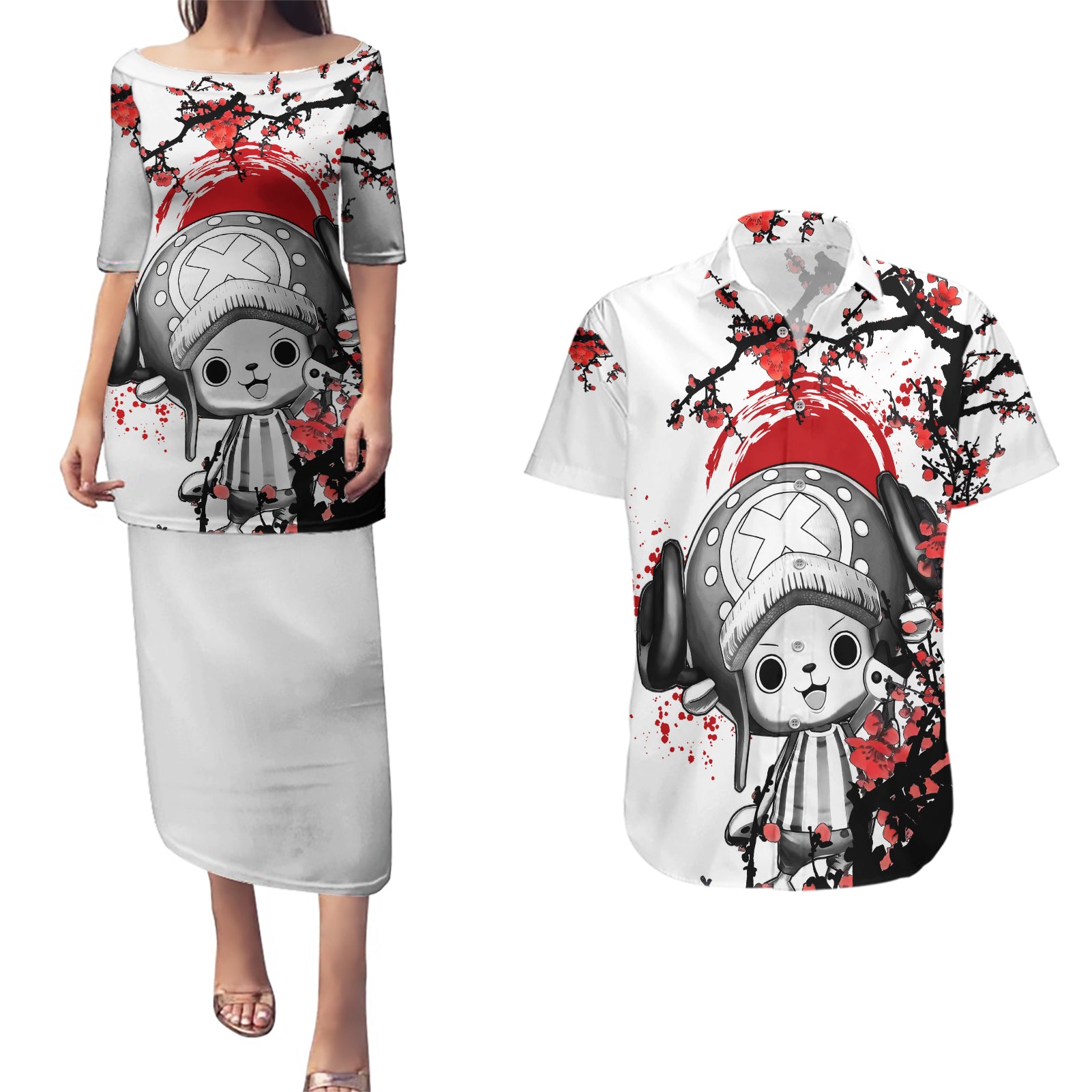 Red Tony Chopper Couples Matching Puletasi and Hawaiian Shirt Japan Style One Piece Anime