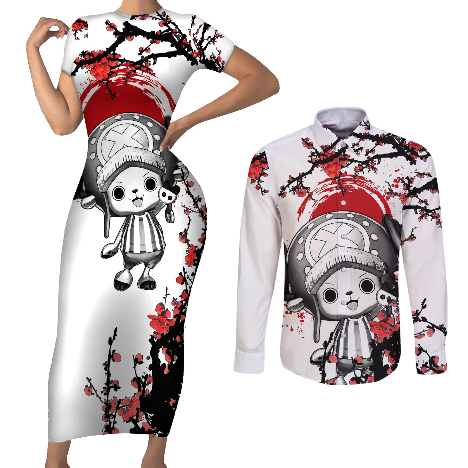 Red Tony Chopper Couples Matching Short Sleeve Bodycon Dress and Long Sleeve Button Shirt Japan Style One Piece Anime