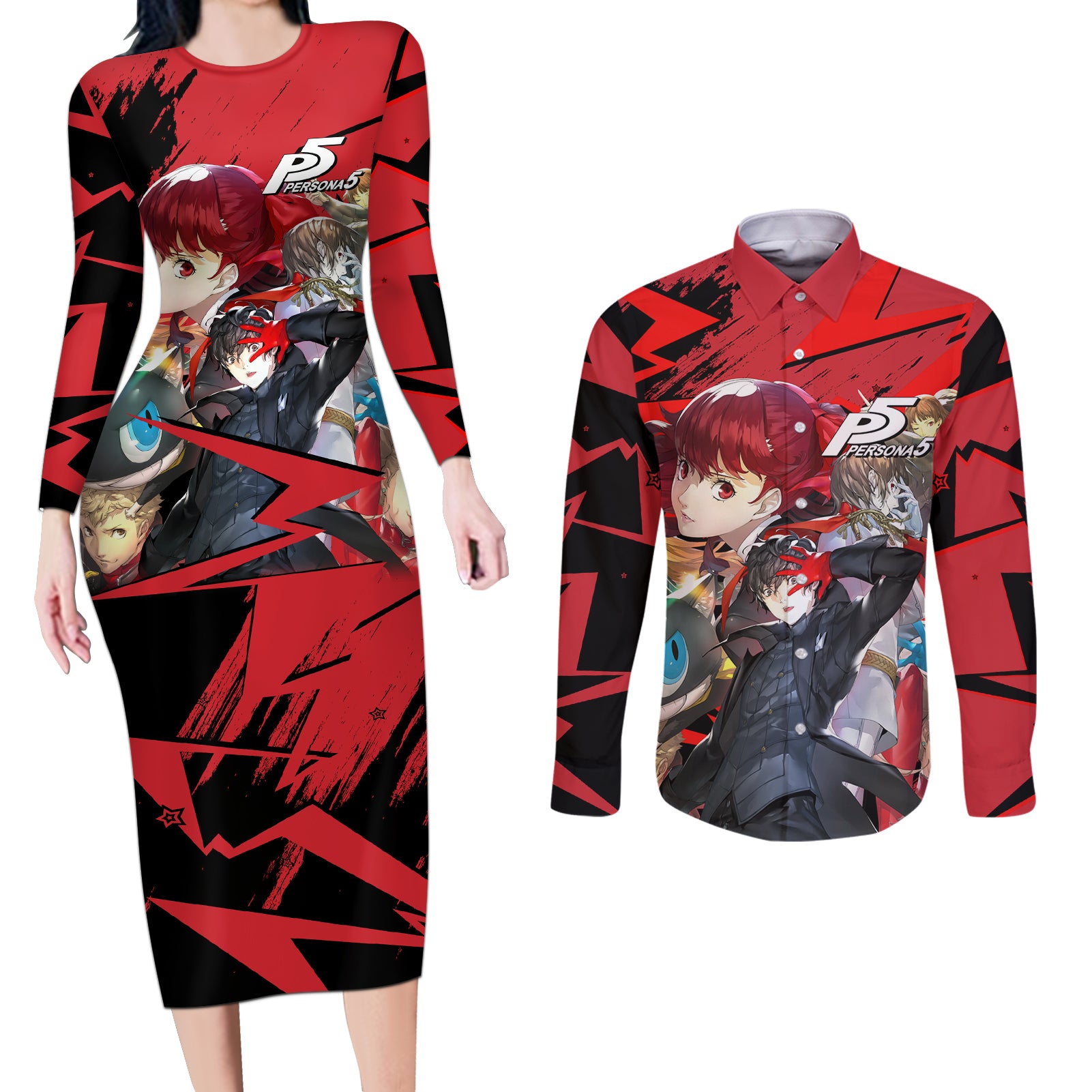 Persona 5 Team Couples Matching Long Sleeve Bodycon Dress and Long Sleeve Button Shirt