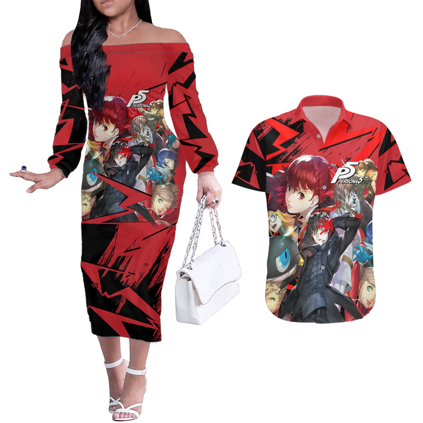 Persona 5 Team Couples Matching Off The Shoulder Long Sleeve Dress and Hawaiian Shirt