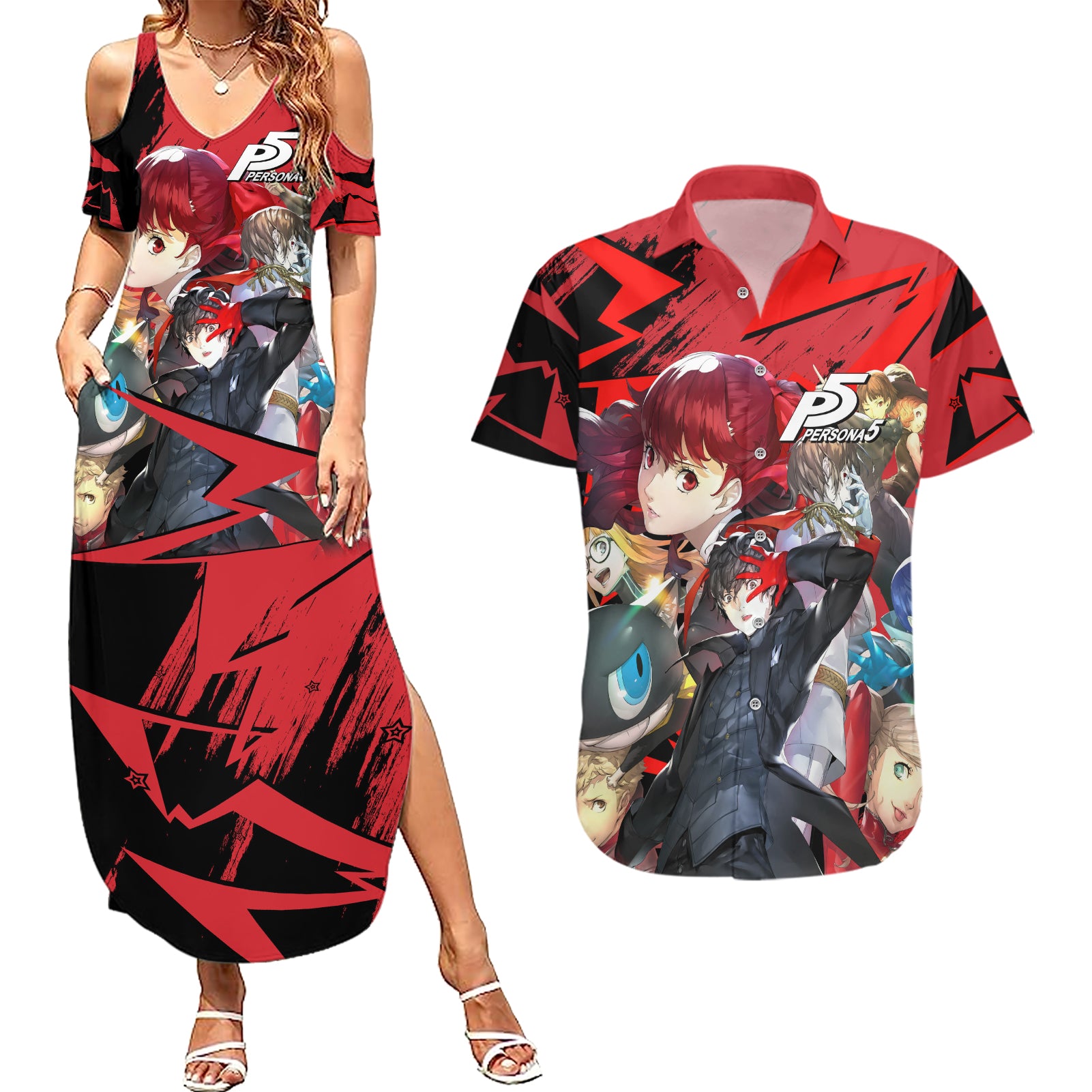 Persona 5 Team Couples Matching Summer Maxi Dress and Hawaiian Shirt