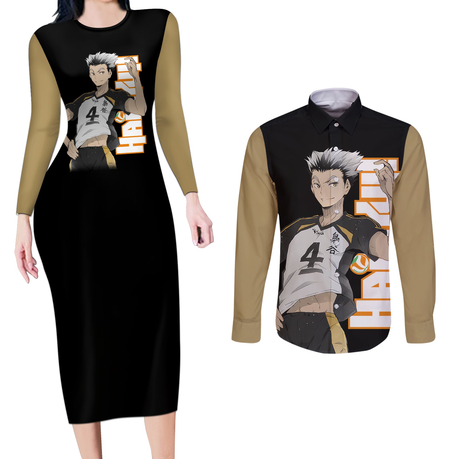 Fukurodani Kotaro Bokuto Couples Matching Long Sleeve Bodycon Dress and Long Sleeve Button Shirt Haikyu