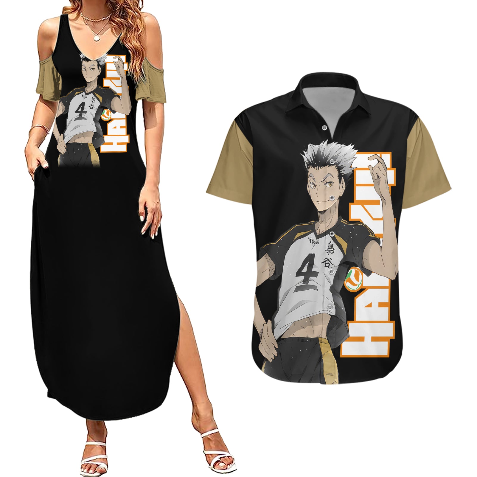 Fukurodani Kotaro Bokuto Couples Matching Summer Maxi Dress and Hawaiian Shirt Haikyu