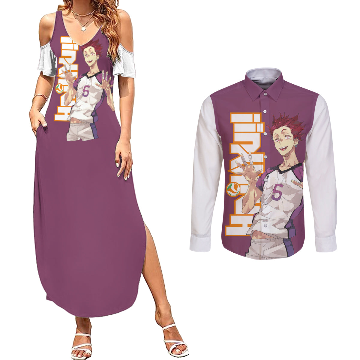 Shiratorizawa Satori Tendo Couples Matching Summer Maxi Dress and Long Sleeve Button Shirt Haikyu