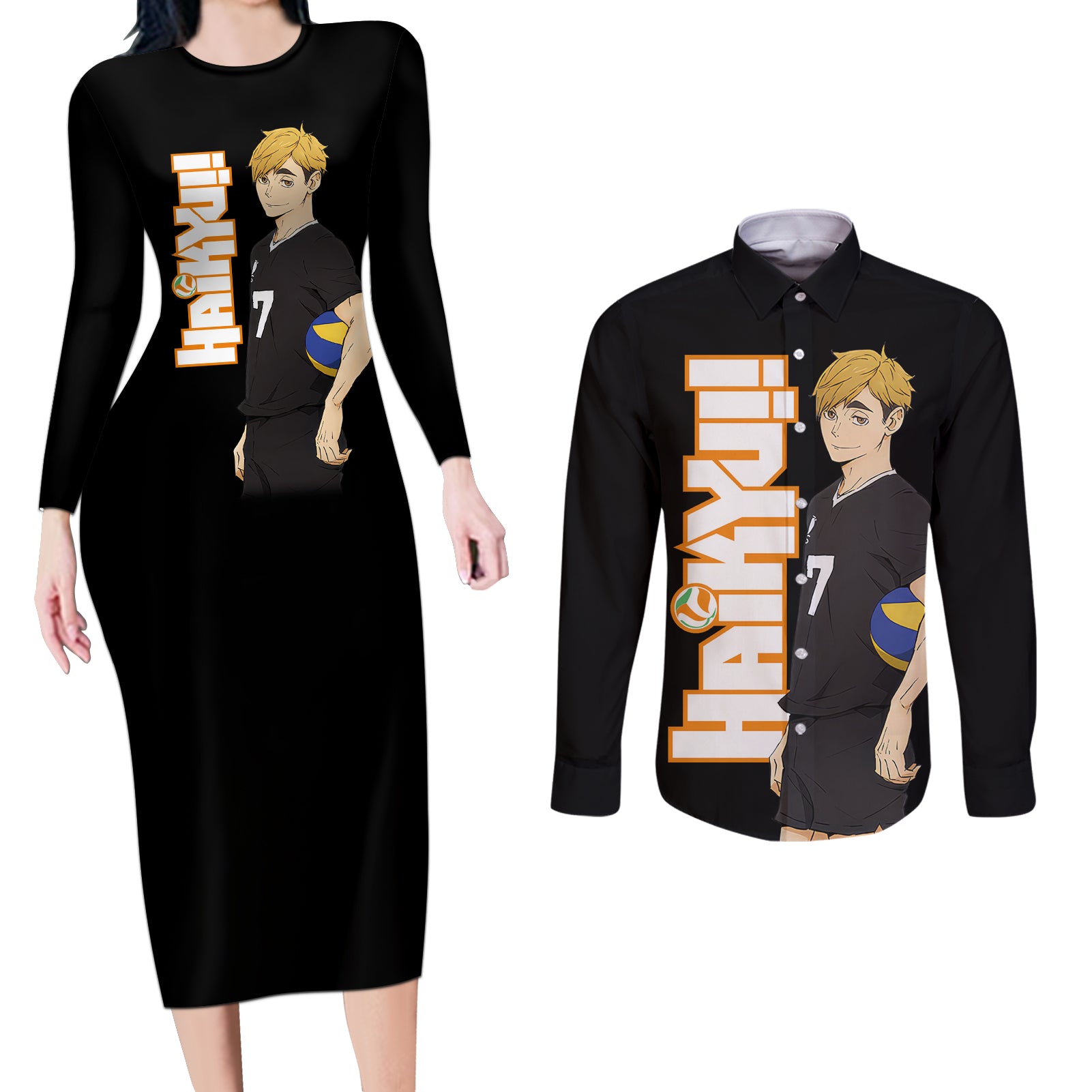 Inarizaki Atsumu Miya Couples Matching Long Sleeve Bodycon Dress and Long Sleeve Button Shirt Haikyu