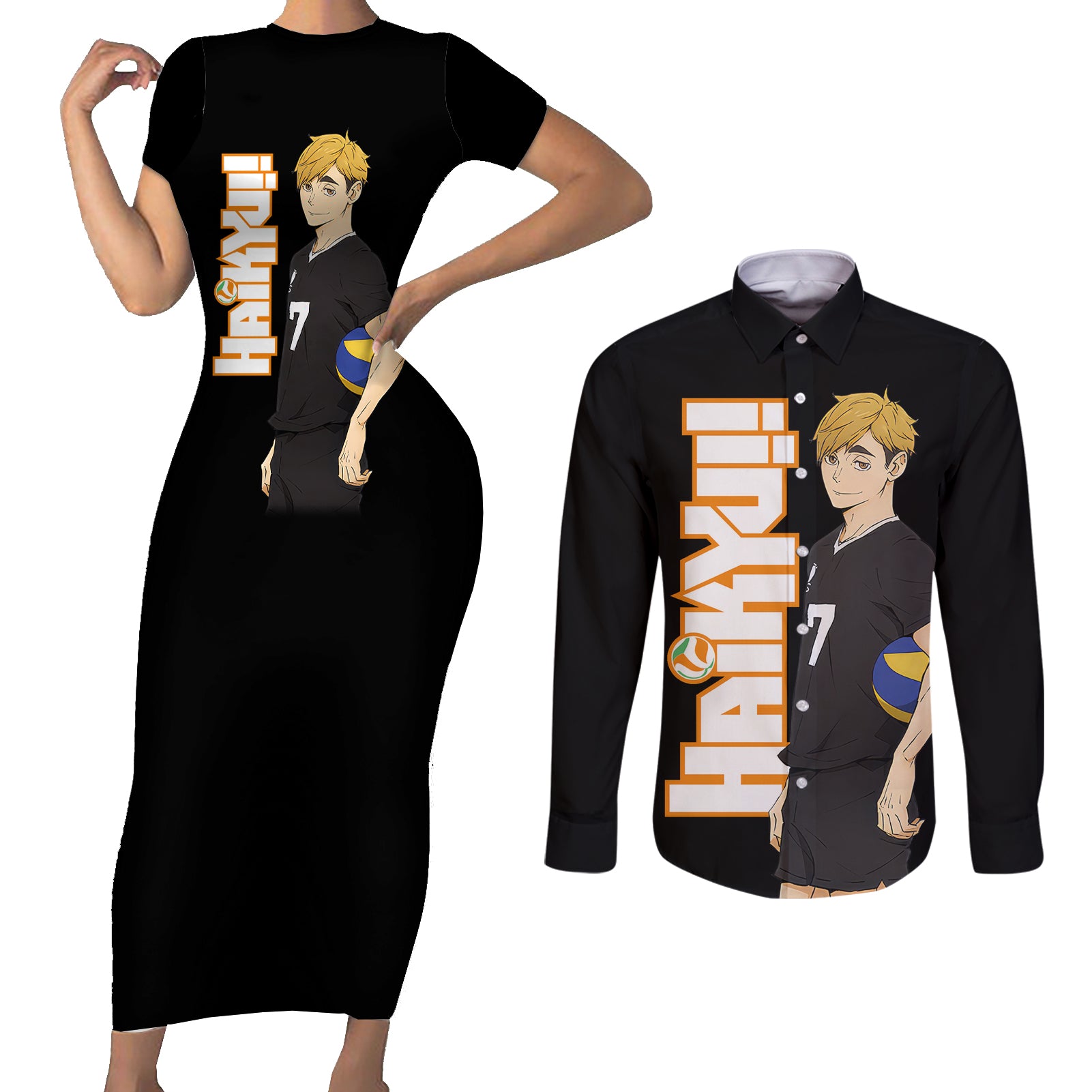 Inarizaki Atsumu Miya Couples Matching Short Sleeve Bodycon Dress and Long Sleeve Button Shirt Haikyu