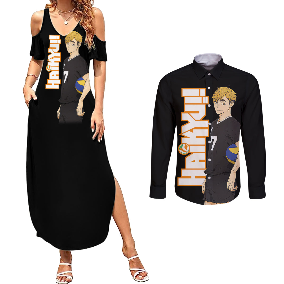 Inarizaki Atsumu Miya Couples Matching Summer Maxi Dress and Long Sleeve Button Shirt Haikyu