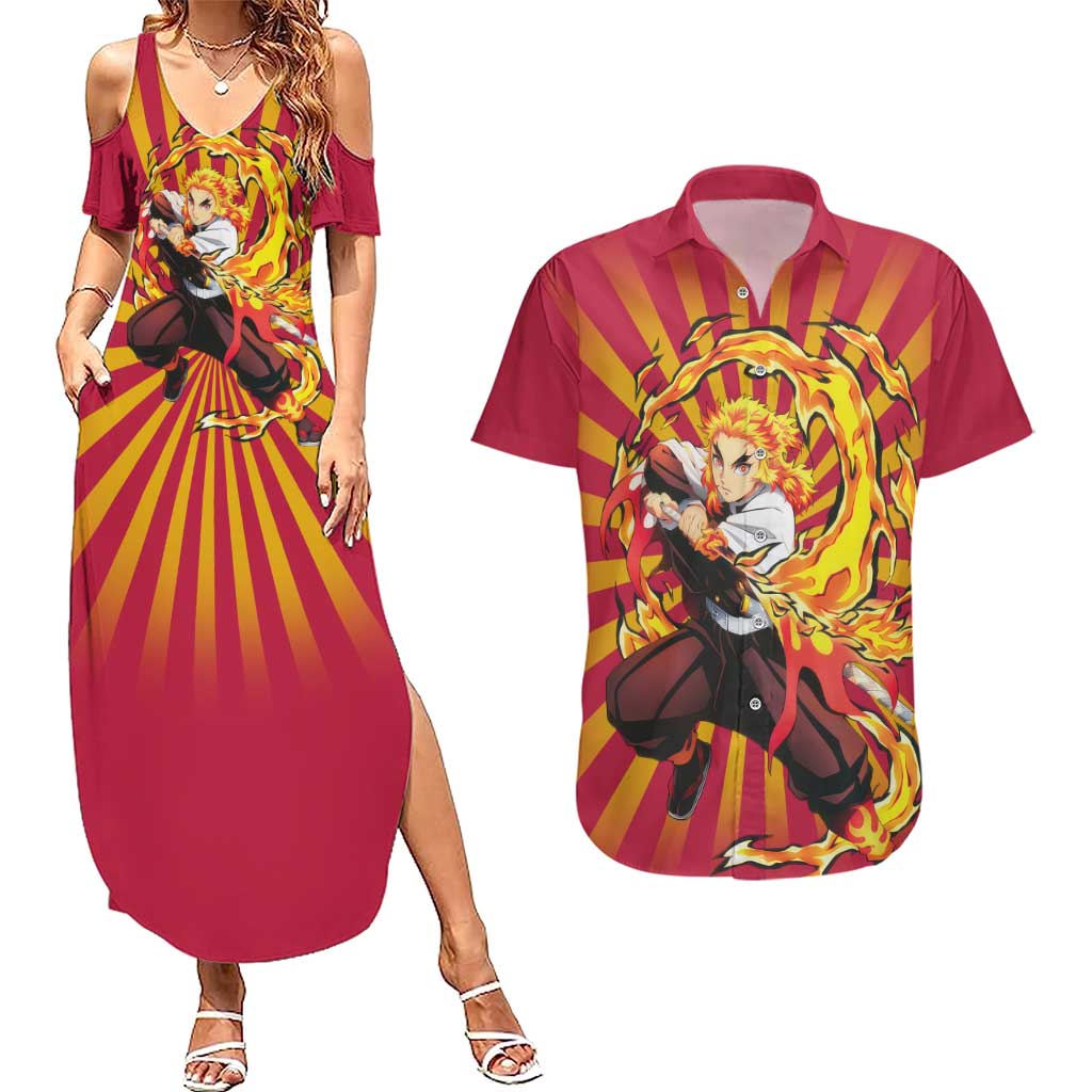 Rengoku - Demon Slayer Couples Matching Summer Maxi Dress and Hawaiian Shirt Anime Style