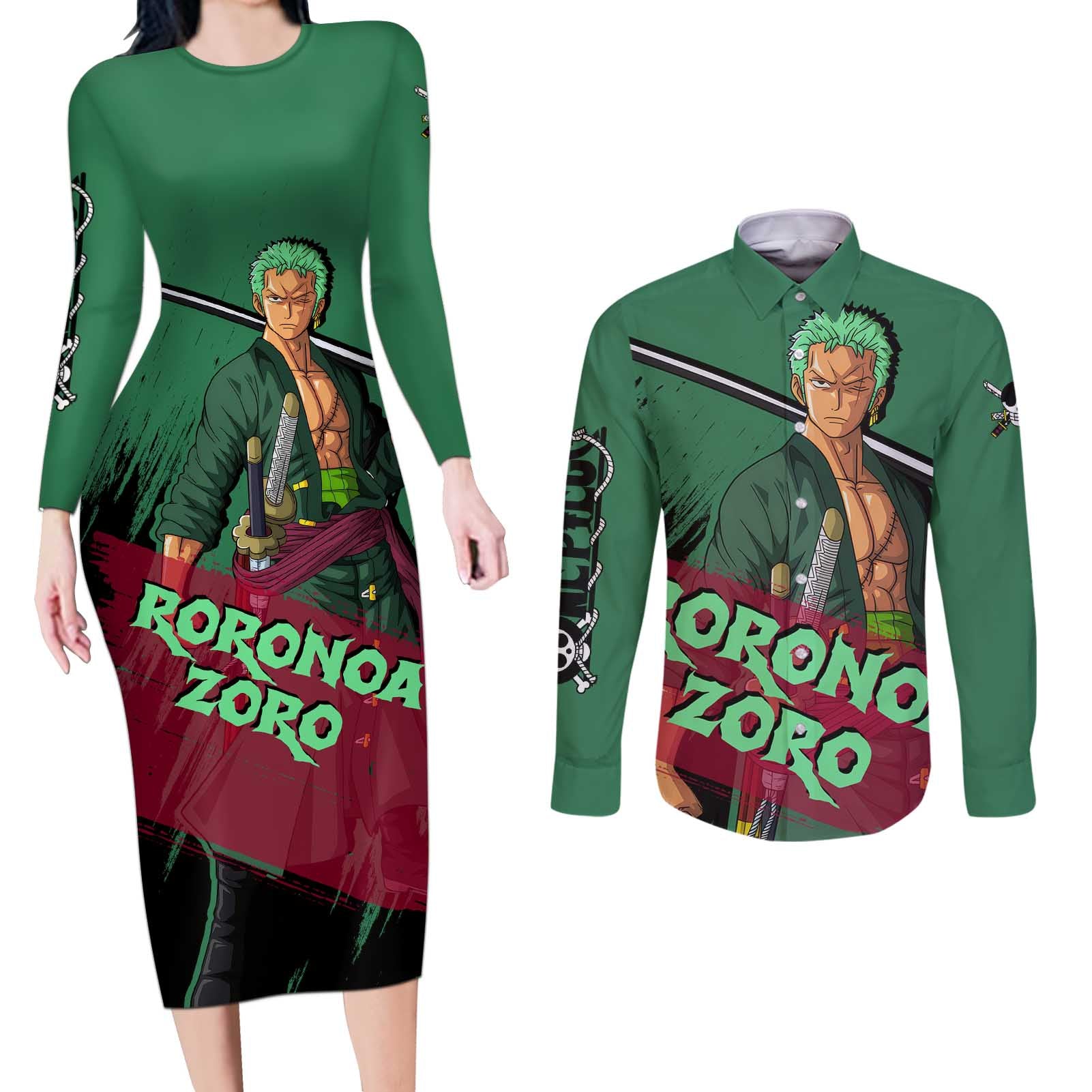 Roronoa Zoro - One Piece Couples Matching Long Sleeve Bodycon Dress and Long Sleeve Button Shirt Anime Style