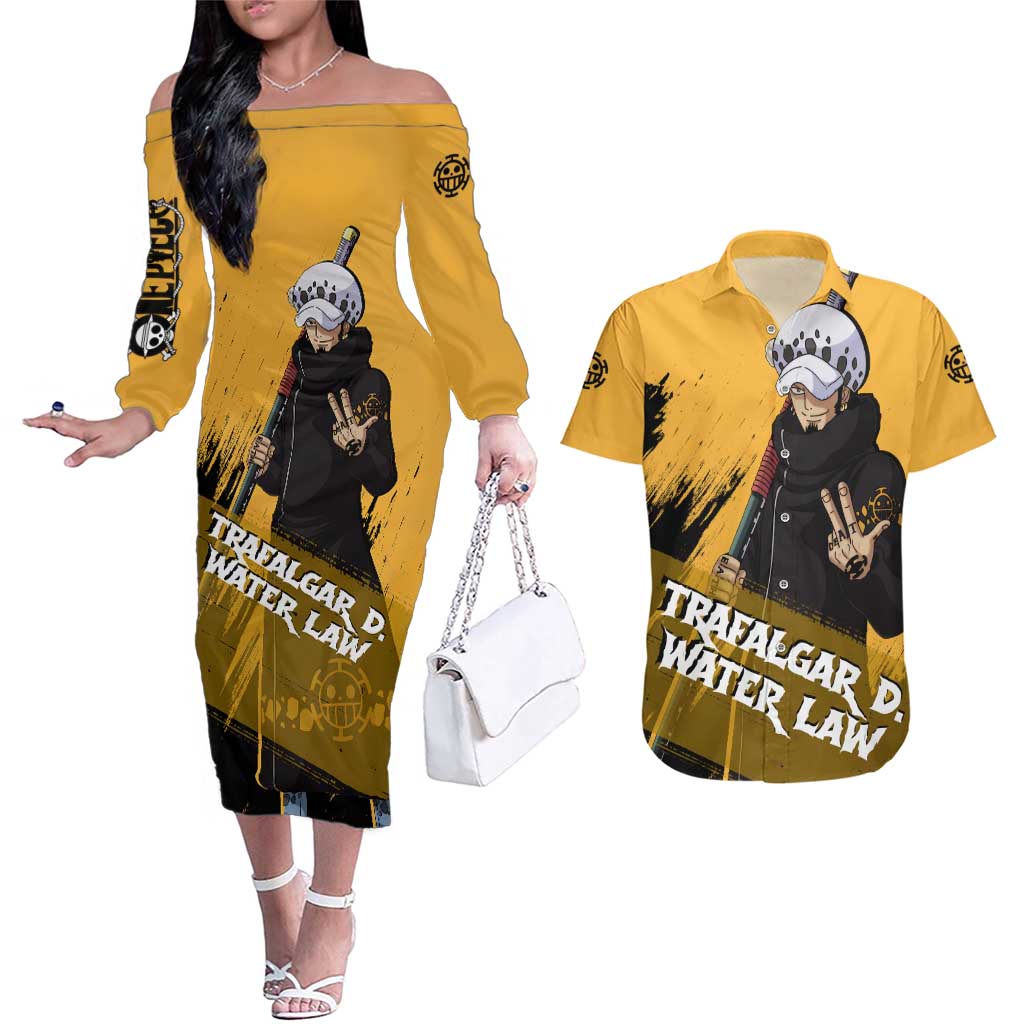 Trafalgar D. Water Law - One Piece Couples Matching Off The Shoulder Long Sleeve Dress and Hawaiian Shirt Anime Style