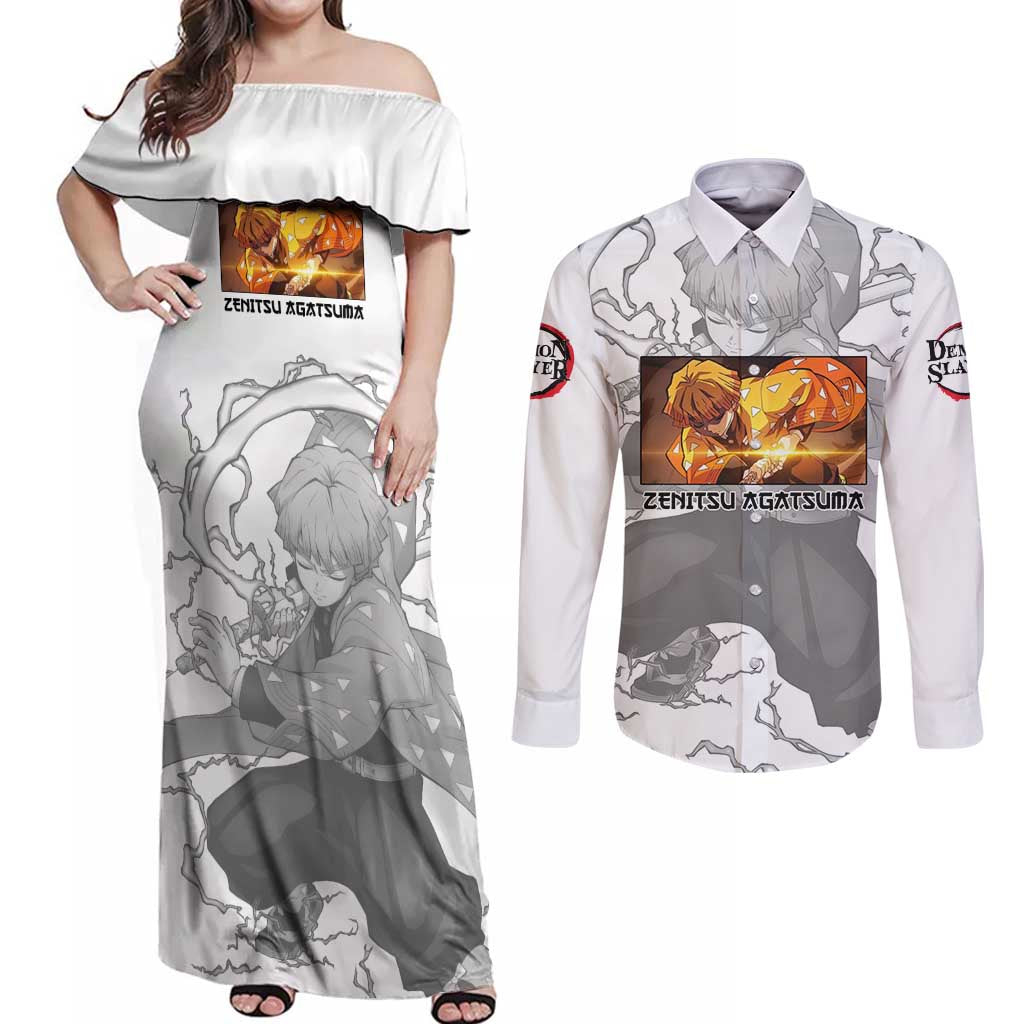 Zenitsu Agatsuma - Demon Slayer Couples Matching Off Shoulder Maxi Dress and Long Sleeve Button Shirt Anime Style