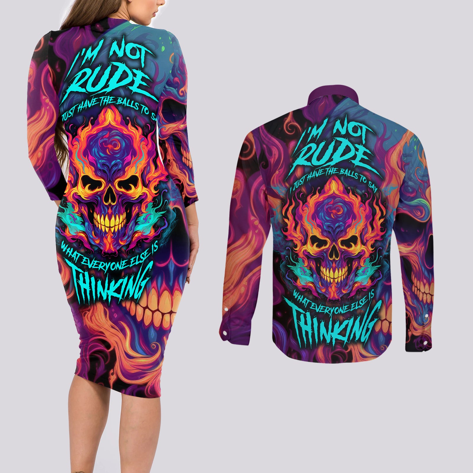 colorful-fire-skull-couples-matching-long-sleeve-bodycon-dress-and-long-sleeve-button-shirts-im-not-rude-i-just-have-the-balls-to-say-what-everyone-else-is-thingking