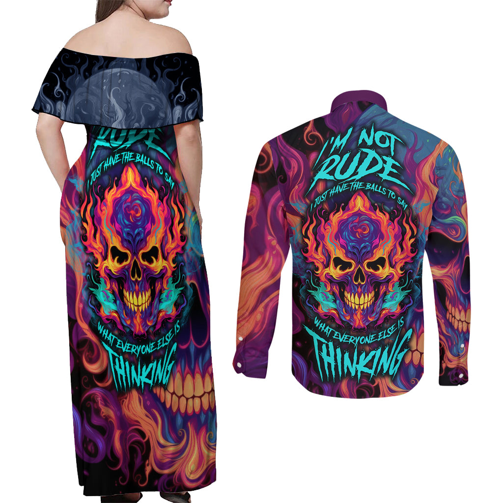 colorful-fire-skull-couples-matching-off-shoulder-maxi-dress-and-long-sleeve-button-shirts-im-not-rude-i-just-have-the-balls-to-say-what-everyone-else-is-thingking