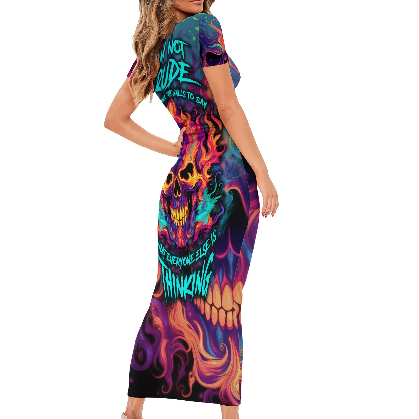 colorful-fire-skull-short-sleeve-bodycon-dress-im-not-rude-i-just-have-the-balls-to-say-what-everyone-else-is-thingking