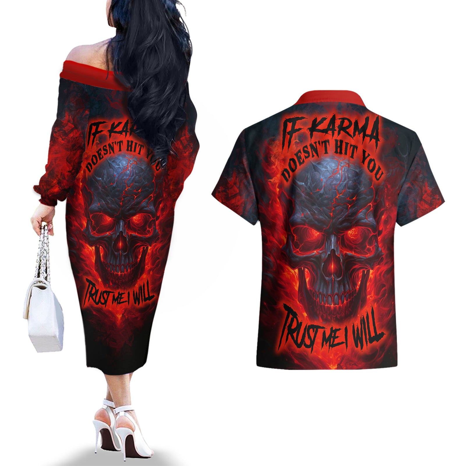 horror-skull-couples-matching-off-the-shoulder-long-sleeve-dress-and-hawaiian-shirt-if-karma-doesnt-hit-you-trust-me-i-will