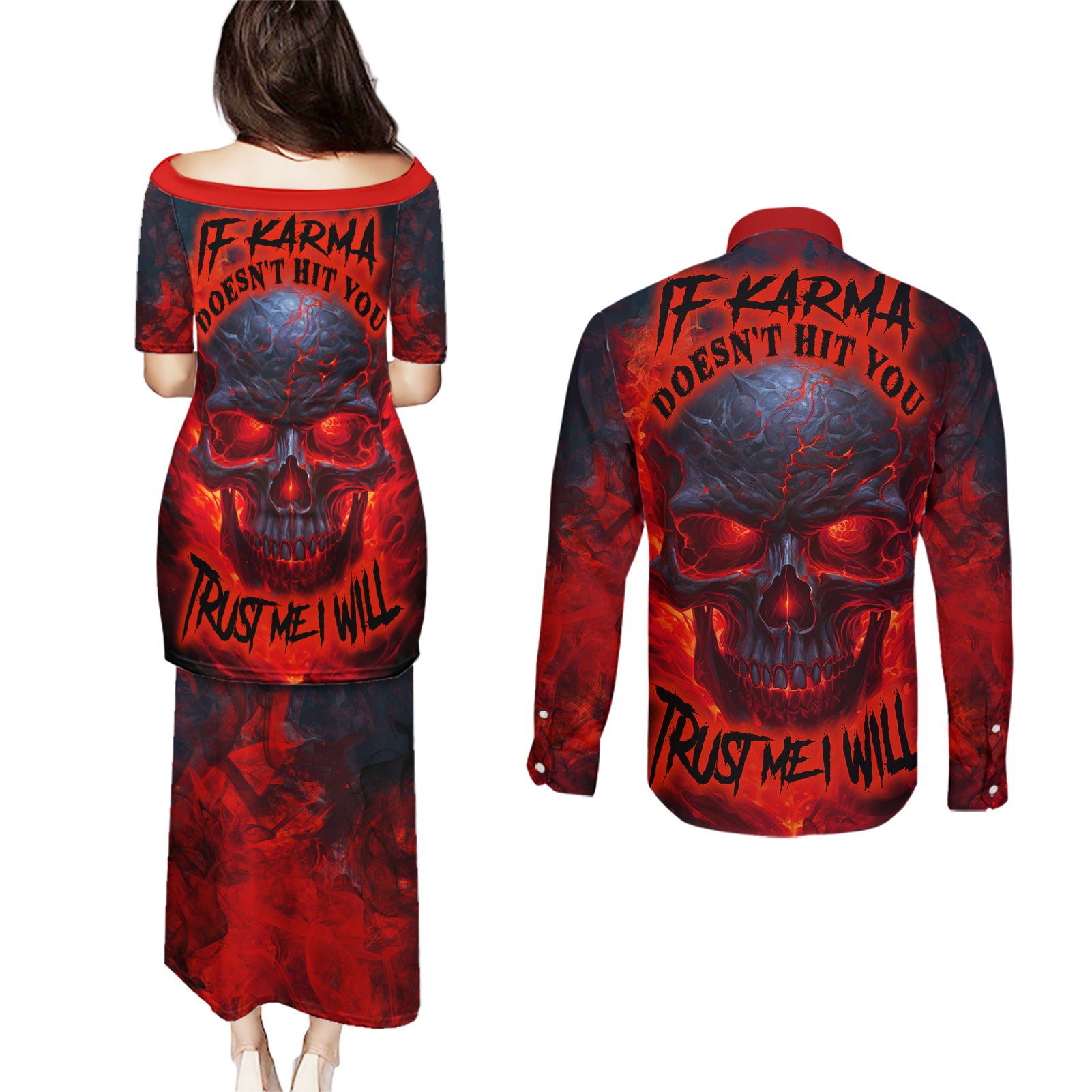 horror-skull-couples-matching-puletasi-dress-and-long-sleeve-button-shirts-if-karma-doesnt-hit-you-trust-me-i-will